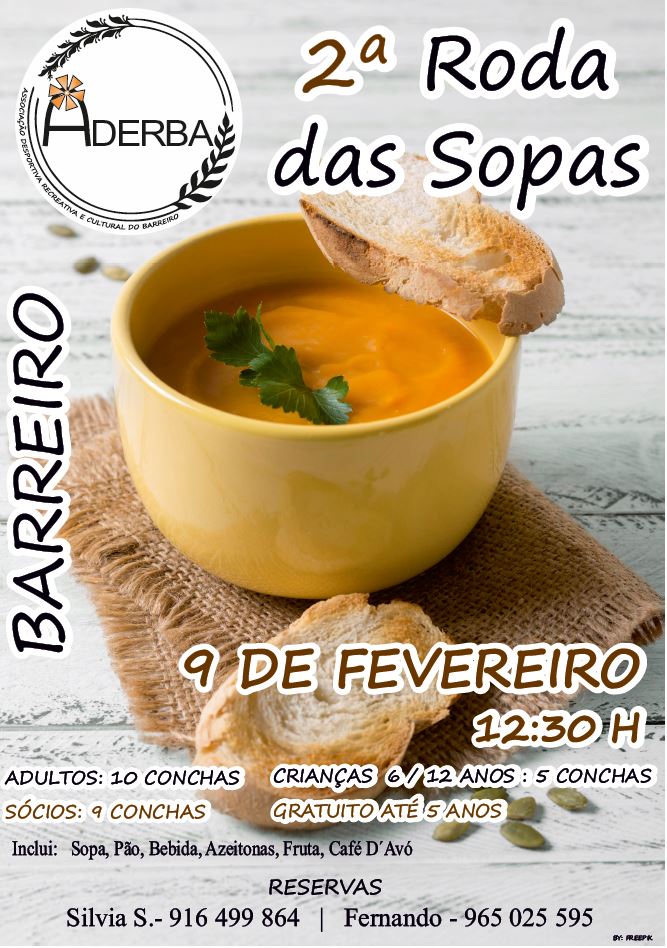 Cartaz da 2.ª Roda das Sopas, no Barreiro, anunciada para 9 de fevereiro às 12h30. A imagem mostra uma tigela de sopa com pão e apresenta preços e contactos para reservas.