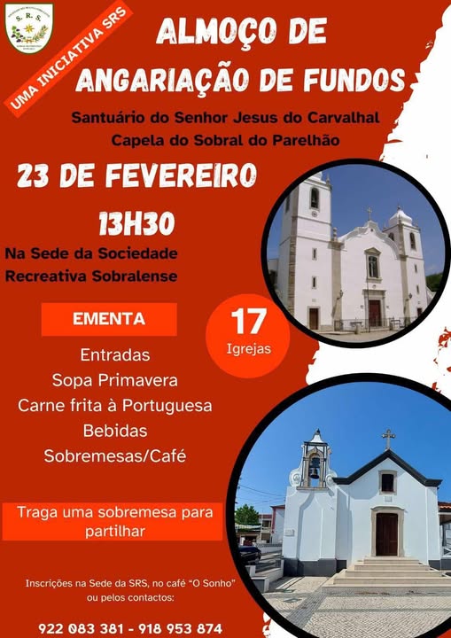 Cartaz de divulgação de um almoço de angariação de fundos para o Santuário do Senhor Jesus do Carvalhal e a Capela do Sobral do Parelhão. O evento está anunciado para 23 de fevereiro, às 13h30, na sede da Sociedade Recreativa Sobralense; o cartaz inclui a ementa e fotografias de duas igrejas.
