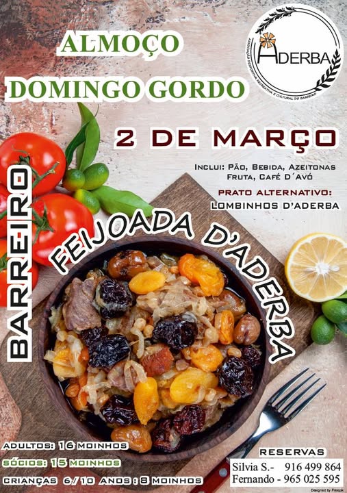 Cartaz da Aderba a anunciar um almoço de Domingo Gordo, em 2 de março, com feijoada d’Aderba. Apresenta preços, informações sobre o menu e contactos para reservas.