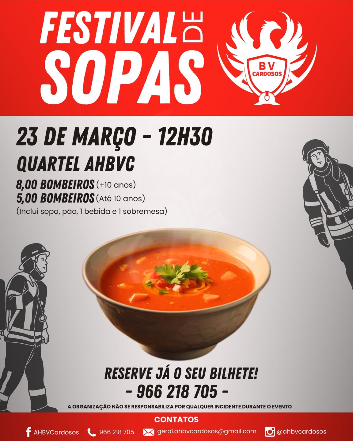 Cartaz do Festival de Sopas dos BV Cardosos, anunciado para 23 de março às 12h30 no quartel da AHBVC. Indica preços para bombeiros e um contacto para reserva de bilhetes.