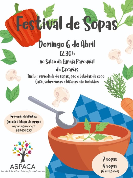 Cartaz do Festival de Sopas, marcado para domingo, 6 de abril, às 12h30, no Salão da Igreja Paroquial de Caxarias. Indica venda prévia de bilhetes e apresenta o nome ASPACA.