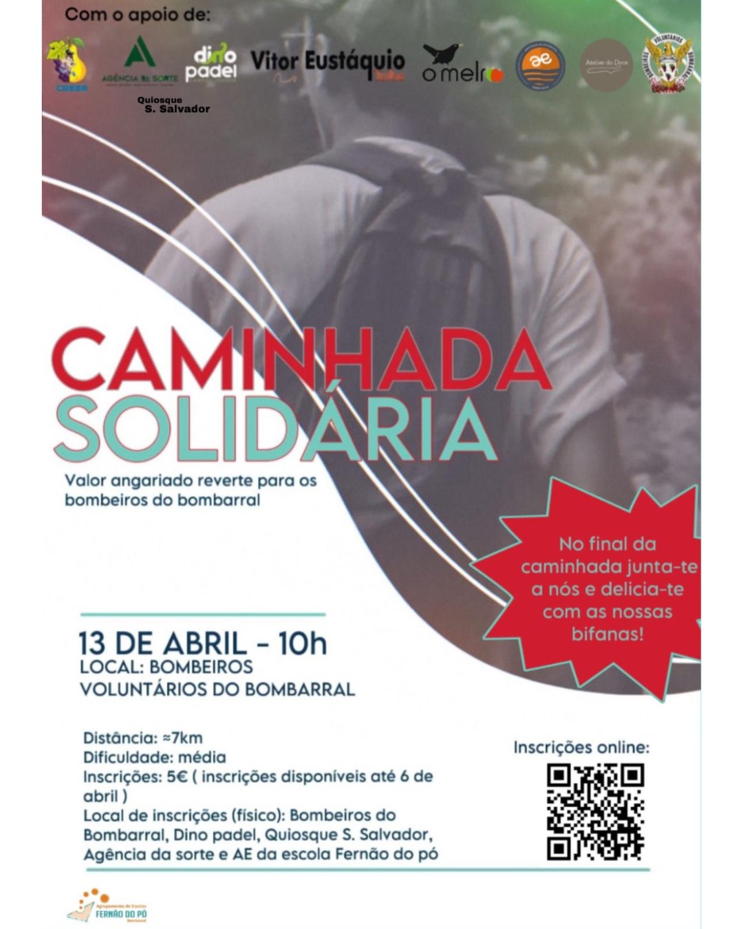 Cartaz de uma caminhada solidária de cerca de 7 km, com partida nos Bombeiros Voluntários do Bombarral a 13 de abril, às 10h. O valor angariado reverte para os bombeiros do Bombarral.