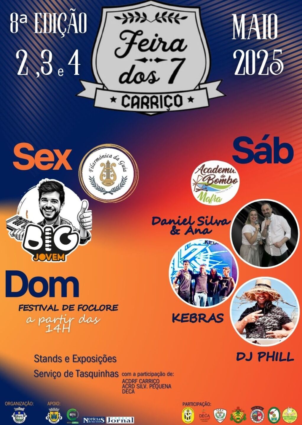 Cartaz da 8.ª edição da Feira dos 7, no Carriço, nos dias 2, 3 e 4 de maio de 2025. Anuncia atuações musicais, um festival de folclore, stands, exposições e tasquinhas.