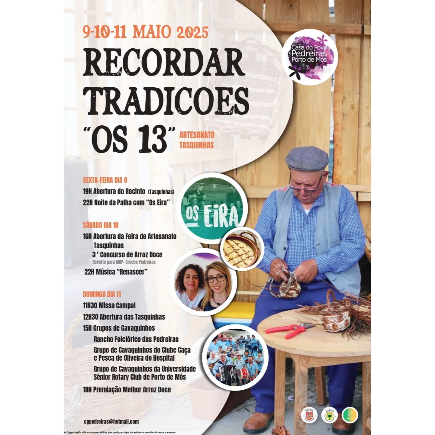 Cartaz do evento «Recordar Tradições “Os 13”», anunciado para 9 a 11 de maio de 2025, em Porto de Mós. Apresenta uma pessoa a trabalhar em cestaria e um programa com artesanato, tasquinhas, música e concurso de arroz doce.