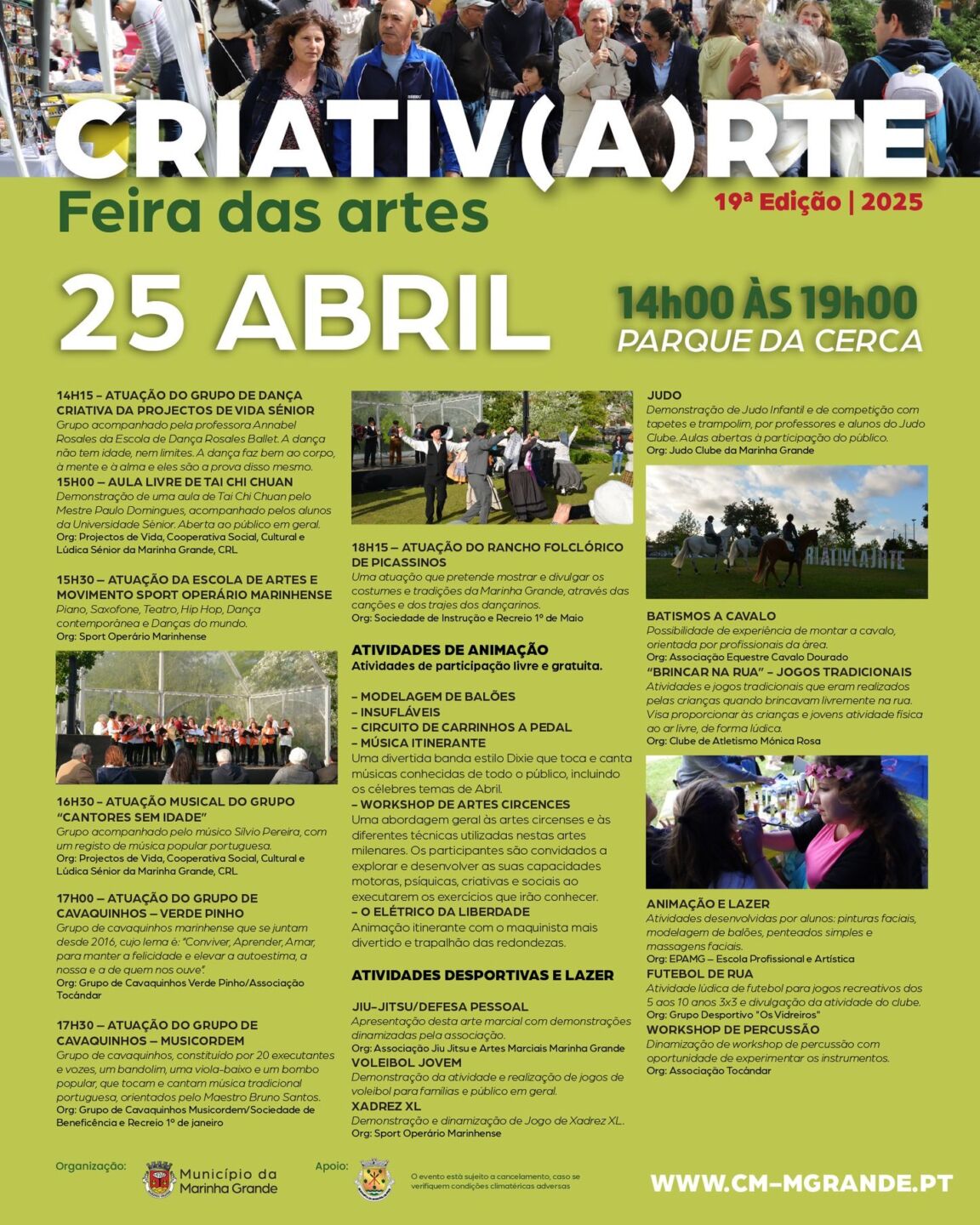 Cartaz da 19.ª edição da Criativ(A)rte – Feira das Artes, marcada para 25 de abril de 2025, das 14h00 às 19h00, no Parque da Cerca, na Marinha Grande. Apresenta atuações, oficinas, atividades desportivas e animação para crianças.
