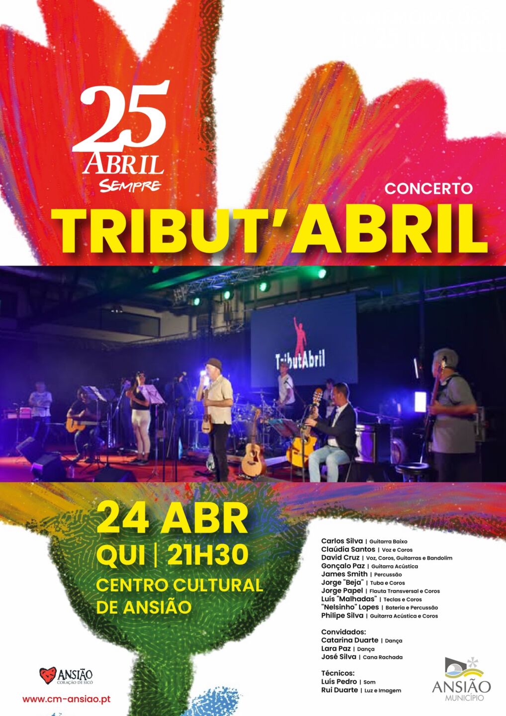 Cartaz de um concerto de tributo aos 25 de Abril, marcado para 24 de abril, às 21h30, no Centro Cultural de Ansião. A imagem inclui uma fotografia dos músicos em palco e os nomes dos participantes.
