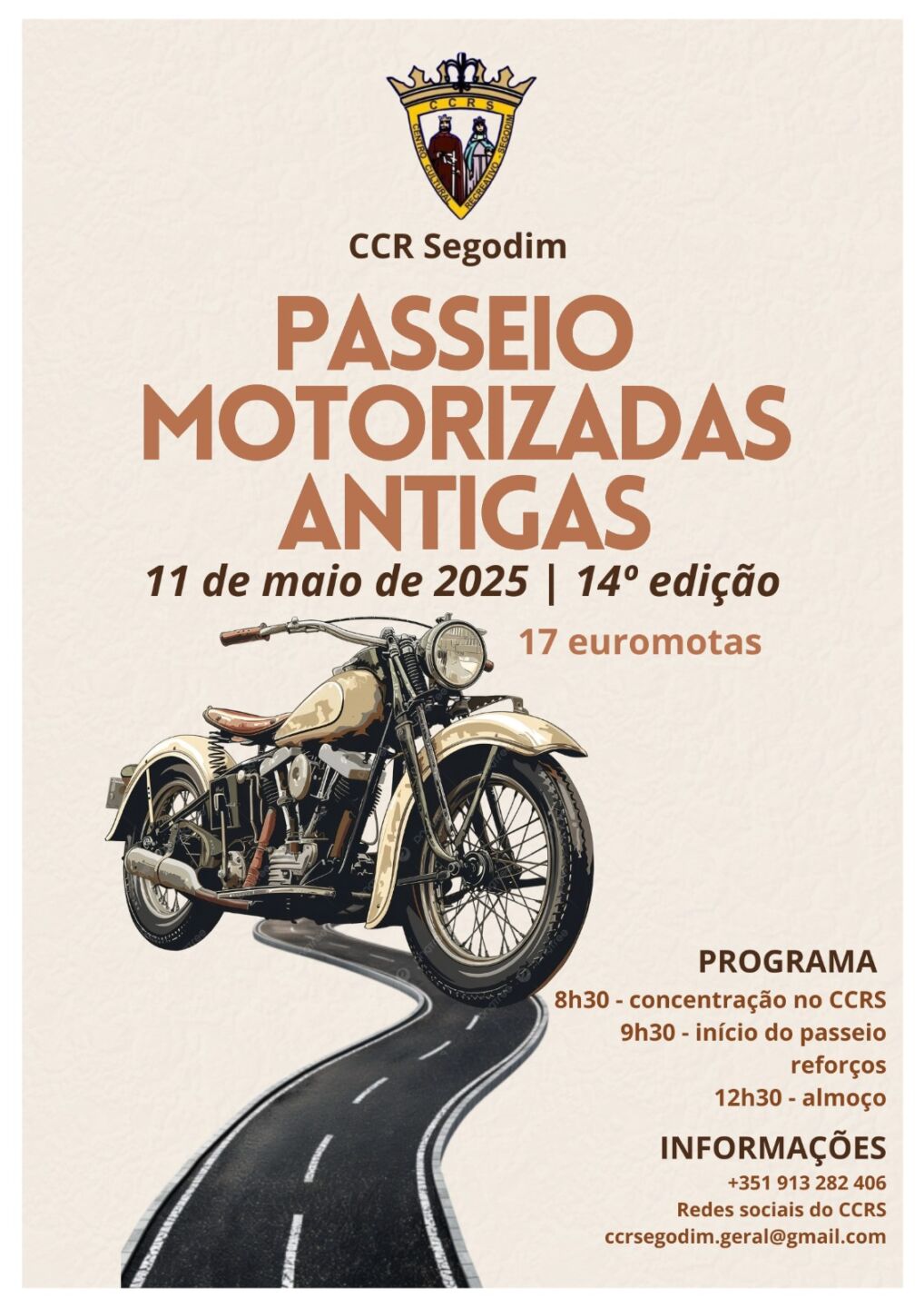 Cartaz do CCR Segodim para o 14.º Passeio de Motorizadas Antigas, anunciado para 11 de maio de 2025. Inclui uma ilustração de uma motorizada antiga, o programa e contactos para informações.