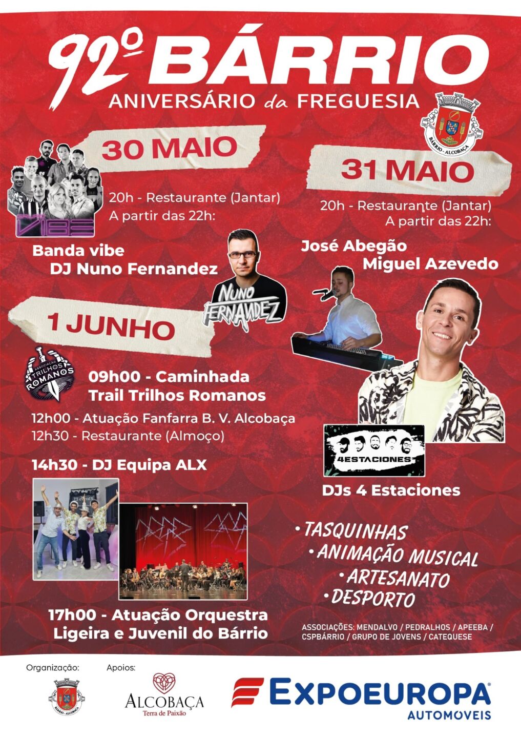 Cartaz do 92.º aniversário da freguesia do Bárrio, com programa de 30 e 31 de maio e 1 de junho. Anuncia jantares, música, caminhada, artesanato e desporto.