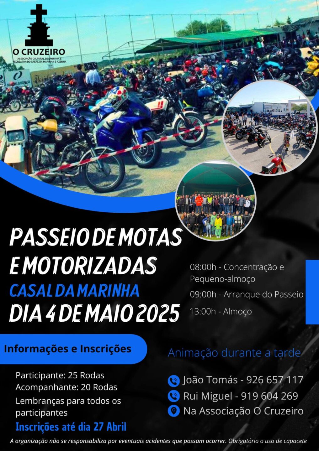 Cartaz de um passeio de motas e motorizadas no Casal da Marinha, marcado para 4 de maio de 2025. Apresenta fotografias de motas e participantes, o programa e contactos para inscrição.
