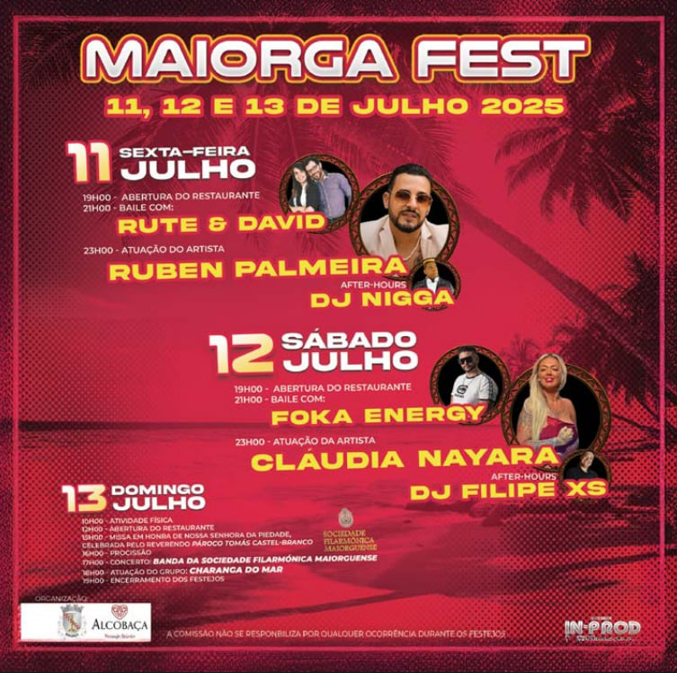 Cartaz do Maiorga Fest, anunciado para 11, 12 e 13 de julho de 2025. Apresenta a programação musical e as atividades dos três dias.