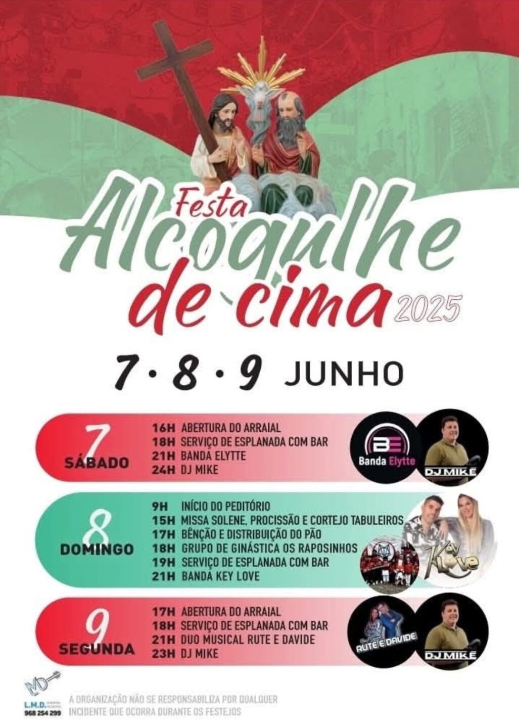 Cartaz da Festa de Alcogulhe de Cima 2025, marcada para 7, 8 e 9 de junho. O programa anuncia arraial, missa, procissão e atuações musicais.