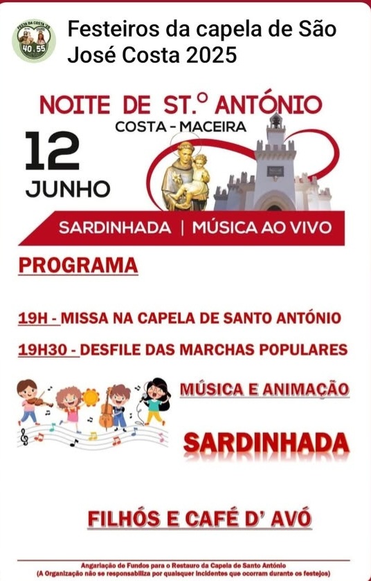 Cartaz da Noite de Santo António, em Costa–Maceira, a 12 de junho de 2025. O programa anuncia missa, desfile das marchas populares, música ao vivo e sardinhada.