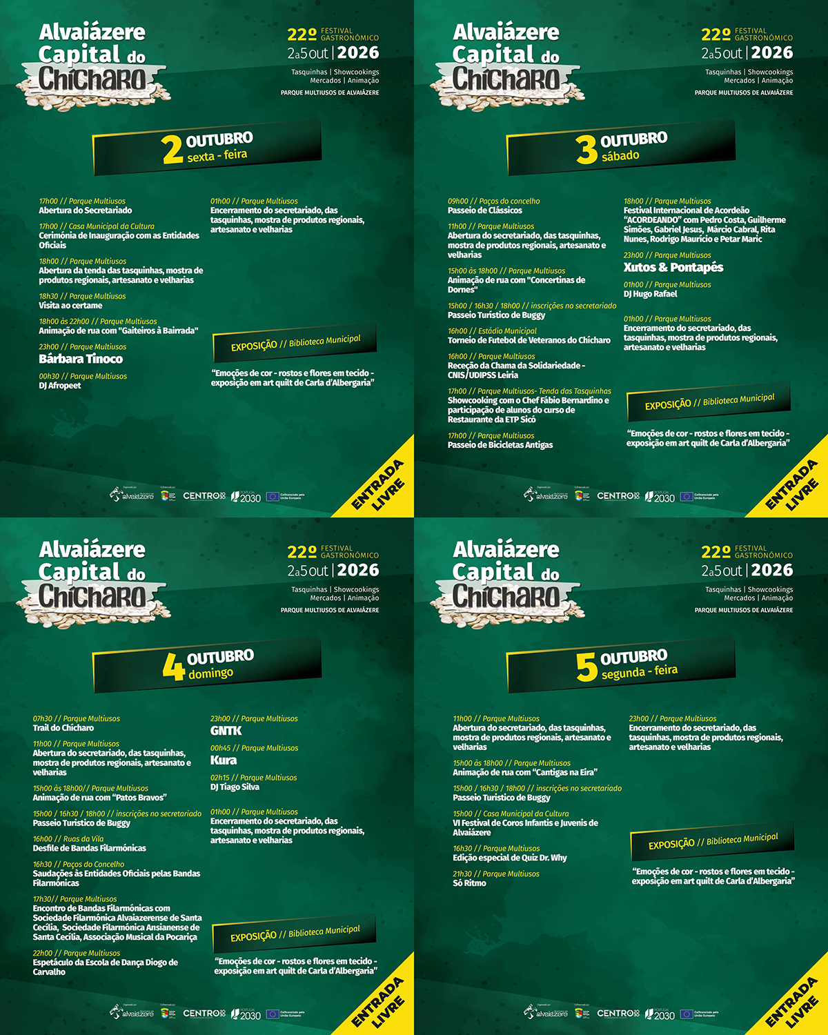 Cartaz com a programação do 22.º Festival Gastronómico Alvaiázere Capital do Chícharo, de 2 a 5 de outubro de 2026. Anuncia tasquinhas, música, animação e uma exposição, com entrada livre.