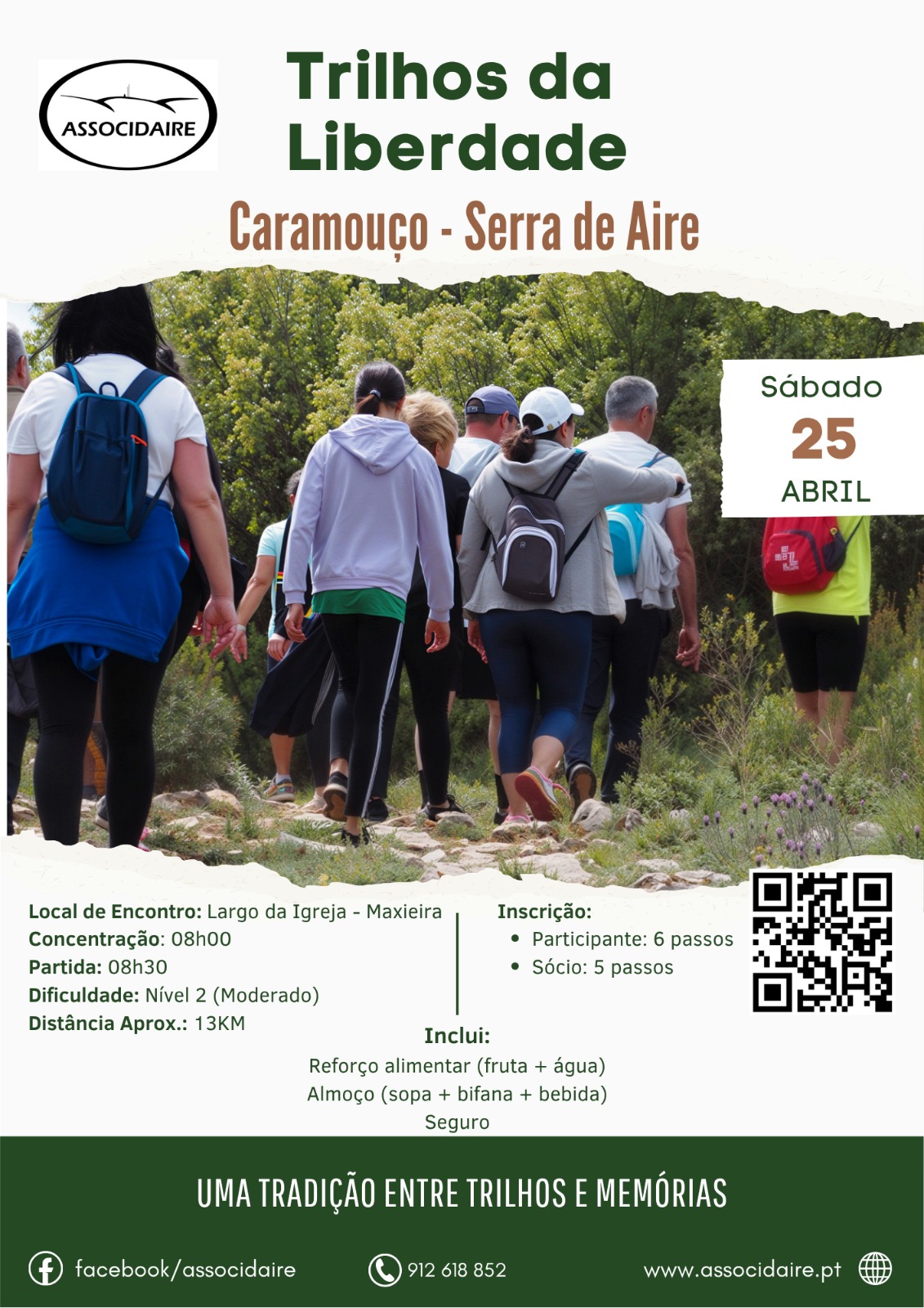 Cartaz da Associdaire a divulgar a caminhada «Trilhos da Liberdade», no percurso Caramouço–Serra de Aire. A imagem mostra um grupo de caminhantes e indica o dia 25 de abril, um percurso de cerca de 13 km e o encontro na Maxieira.
