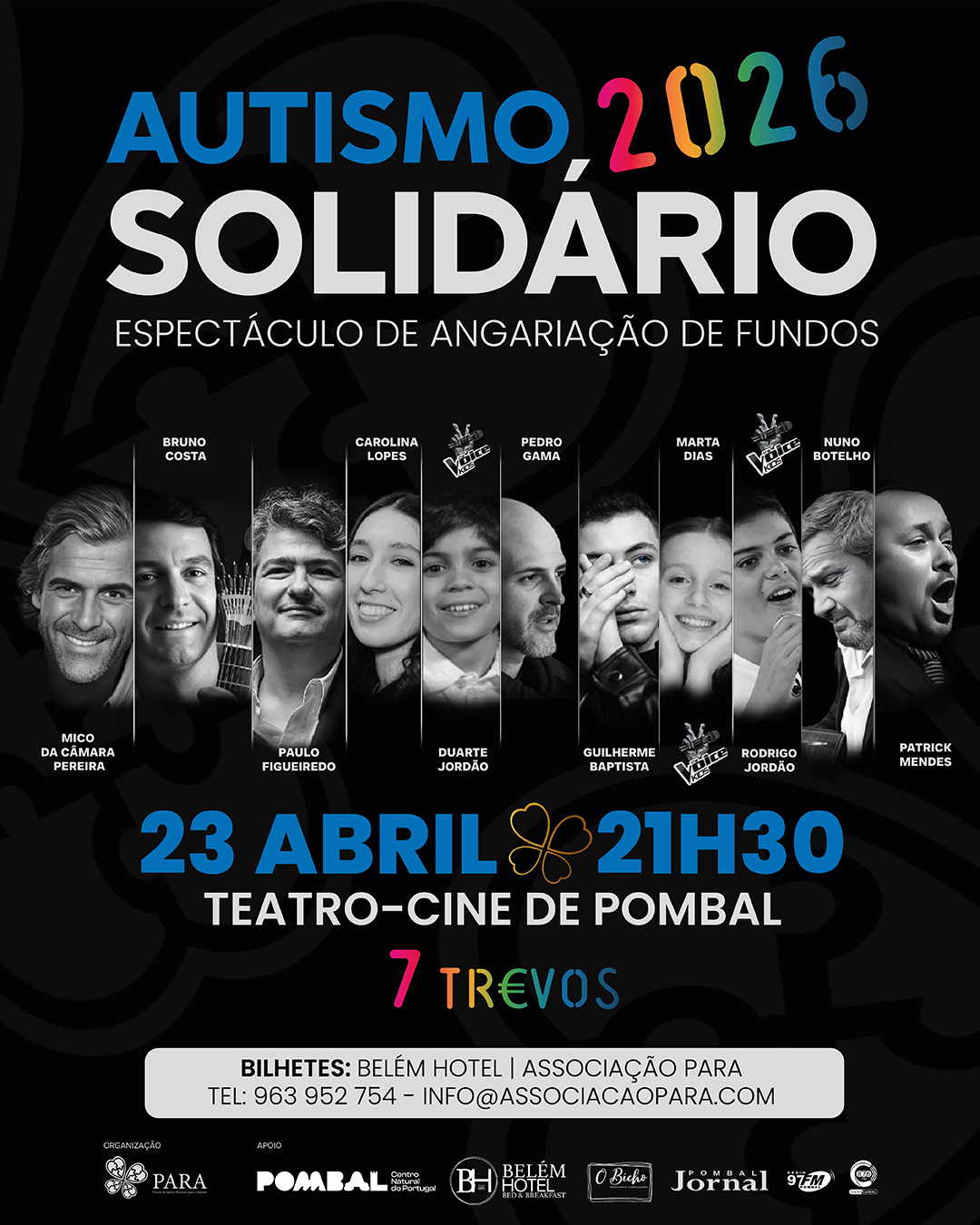 Cartaz do espetáculo de angariação de fundos «Autismo Solidário 2026», marcado para 23 de abril, às 21h30, no Teatro-Cine de Pombal. O cartaz apresenta os nomes dos participantes.