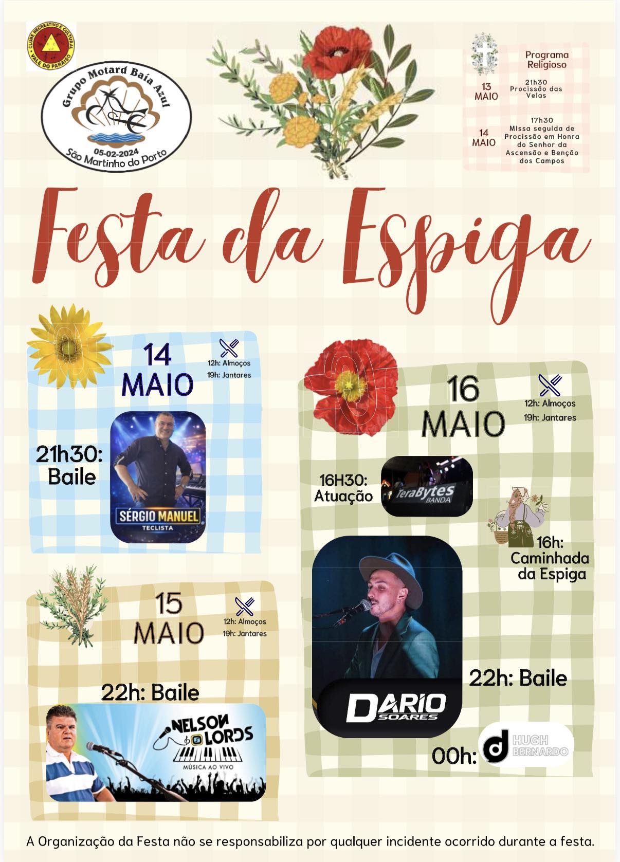 Cartaz da Festa da Espiga, em São Martinho do Porto, com programa de 13 a 16 de maio. Anuncia celebrações religiosas, refeições, bailes e uma caminhada.