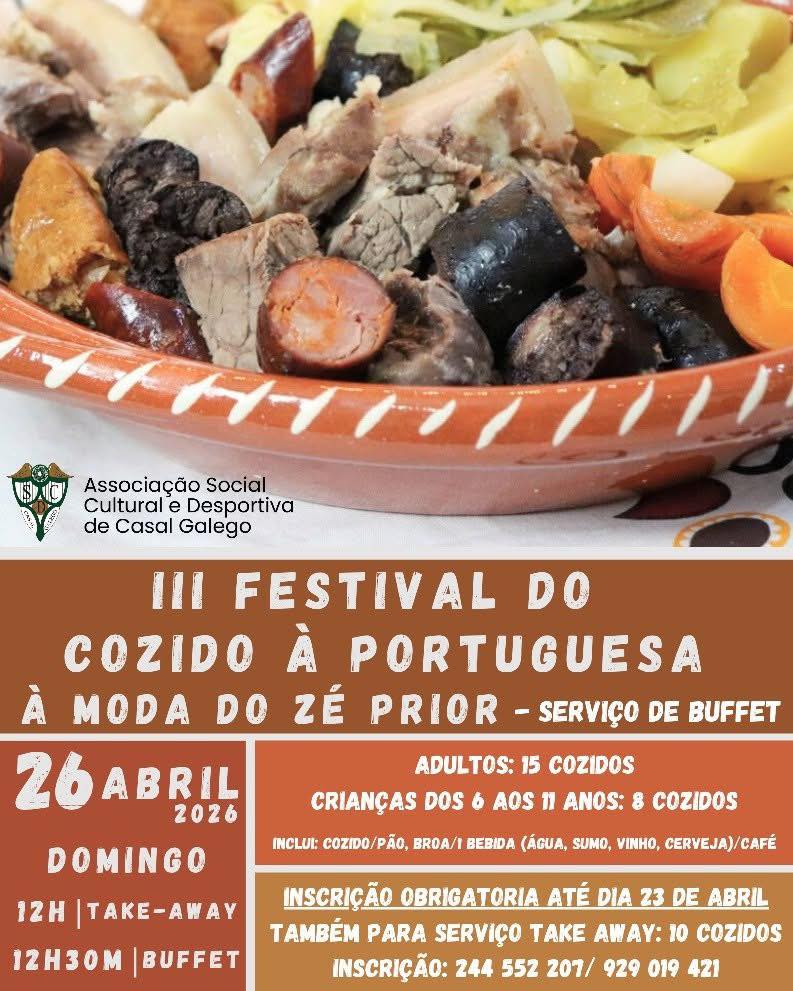 Cartaz do III Festival do Cozido à Portuguesa à Moda do Zé Prior, organizado pela Associação Social Cultural e Desportiva de Casal Galego. O evento está anunciado para 26 de abril de 2026, com serviço de buffet e take-away.