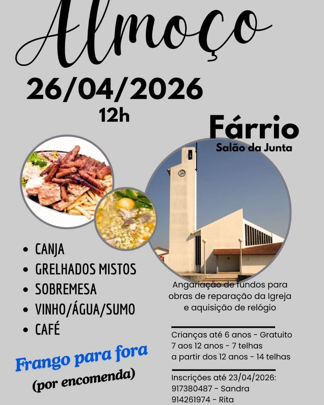 Cartaz de divulgação de um almoço em Fárrio, no Salão da Junta, a 26 de abril de 2026, às 12h. O evento visa angariar fundos para reparar a igreja e adquirir um relógio.