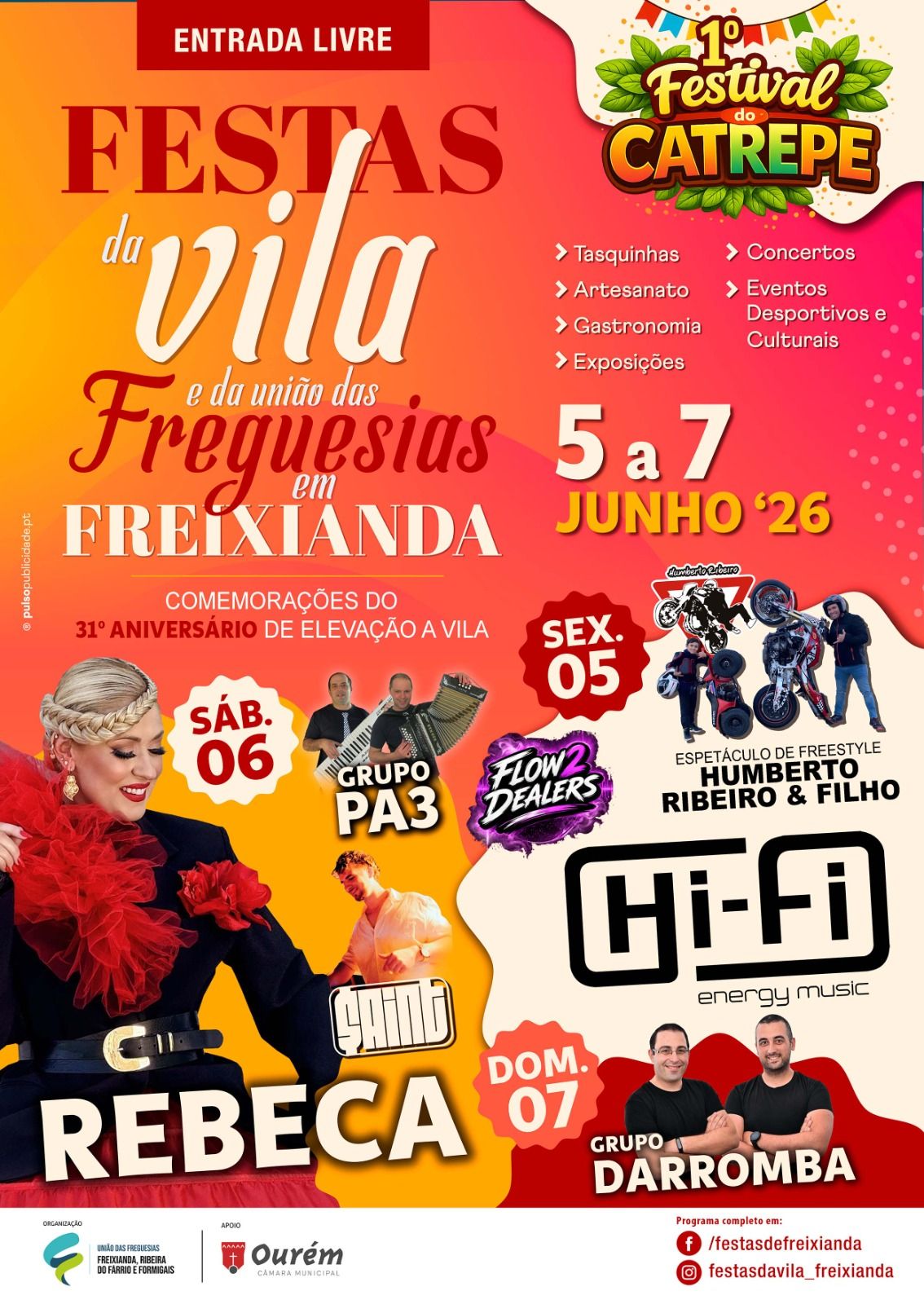 Cartaz das Festas da Vila e da União das Freguesias em Freixianda, de 5 a 7 de junho de 2026, com entrada livre. Anuncia concertos, gastronomia, artesanato, exposições e eventos desportivos e culturais.