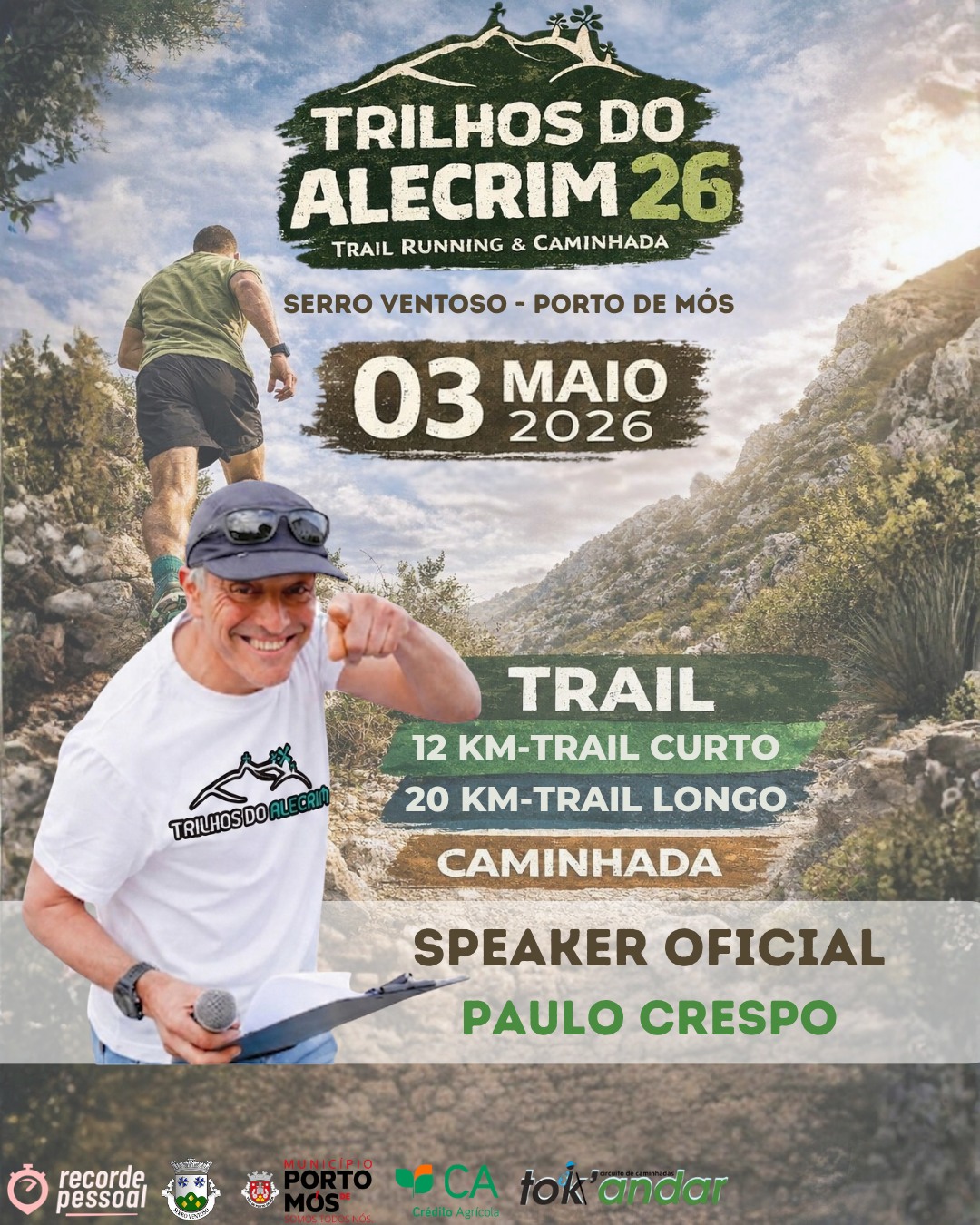 Cartaz promocional dos Trilhos do Alecrim 26, evento de trail a correr e caminhada anunciado para 3 de maio de 2026, em Serro Ventoso, Porto de Mós. O cartaz apresenta Paulo Crespo como speaker oficial e anuncia percursos de trail de 12 km e 20 km.
