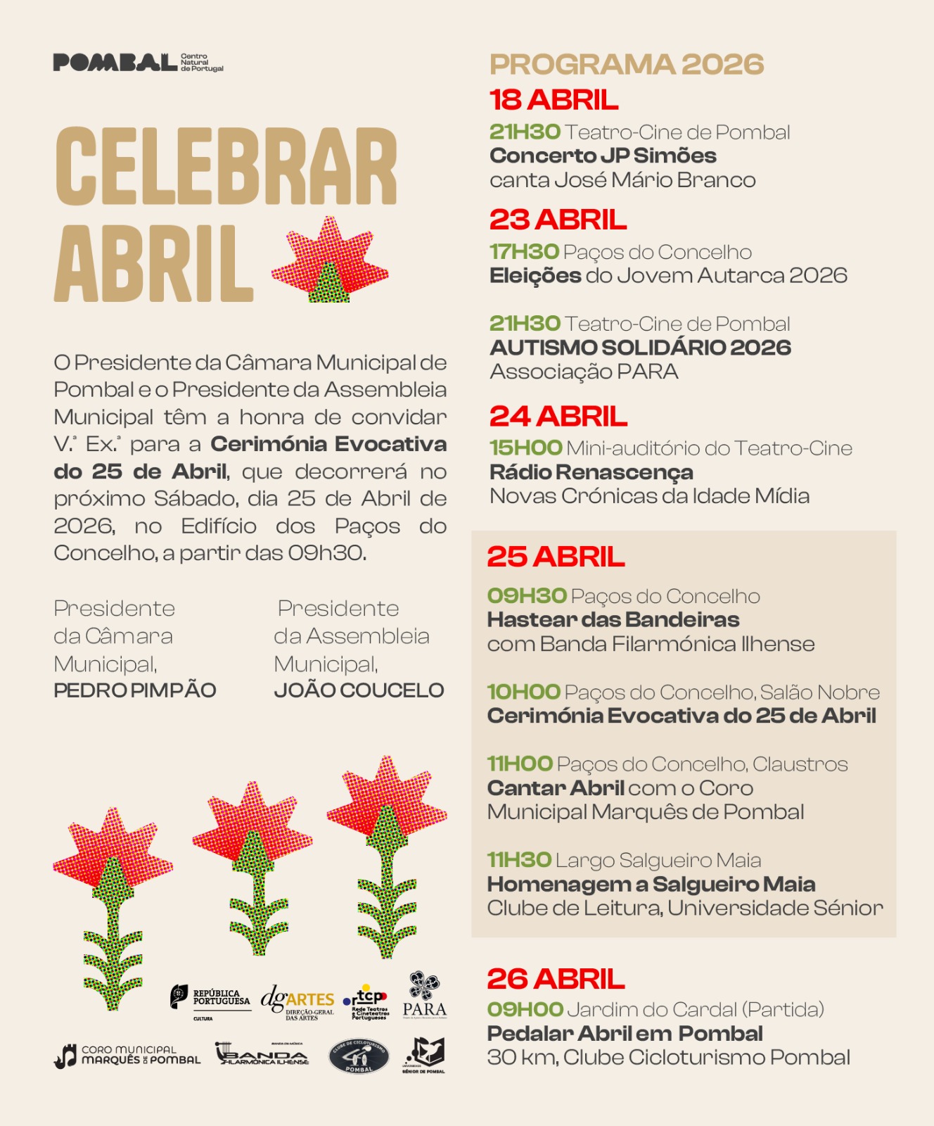 Cartaz da Câmara Municipal de Pombal com o programa «Celebrar Abril 2026», de 18 a 26 de abril. Inclui concertos, uma cerimónia evocativa do 25 de Abril, uma homenagem a Salgueiro Maia e um passeio de bicicleta.