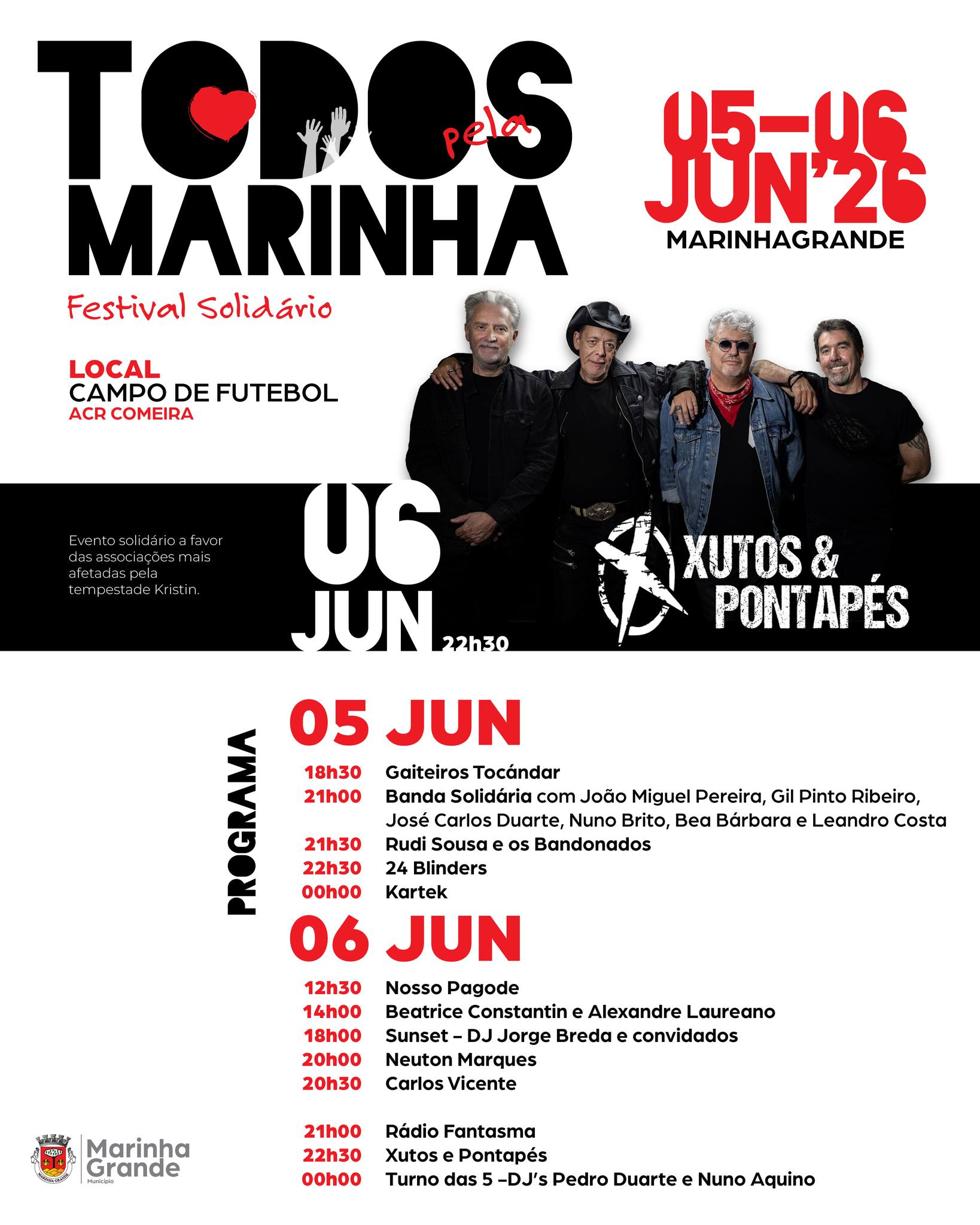 Cartaz do festival solidário Todos pela Marinha, marcado para 5 e 6 de junho, no Campo de Futebol da ACR Comeira, na Marinha Grande. O evento apoia associações afetadas pela tempestade Kristin e inclui atuações musicais, entre elas Xutos & Pontapés.