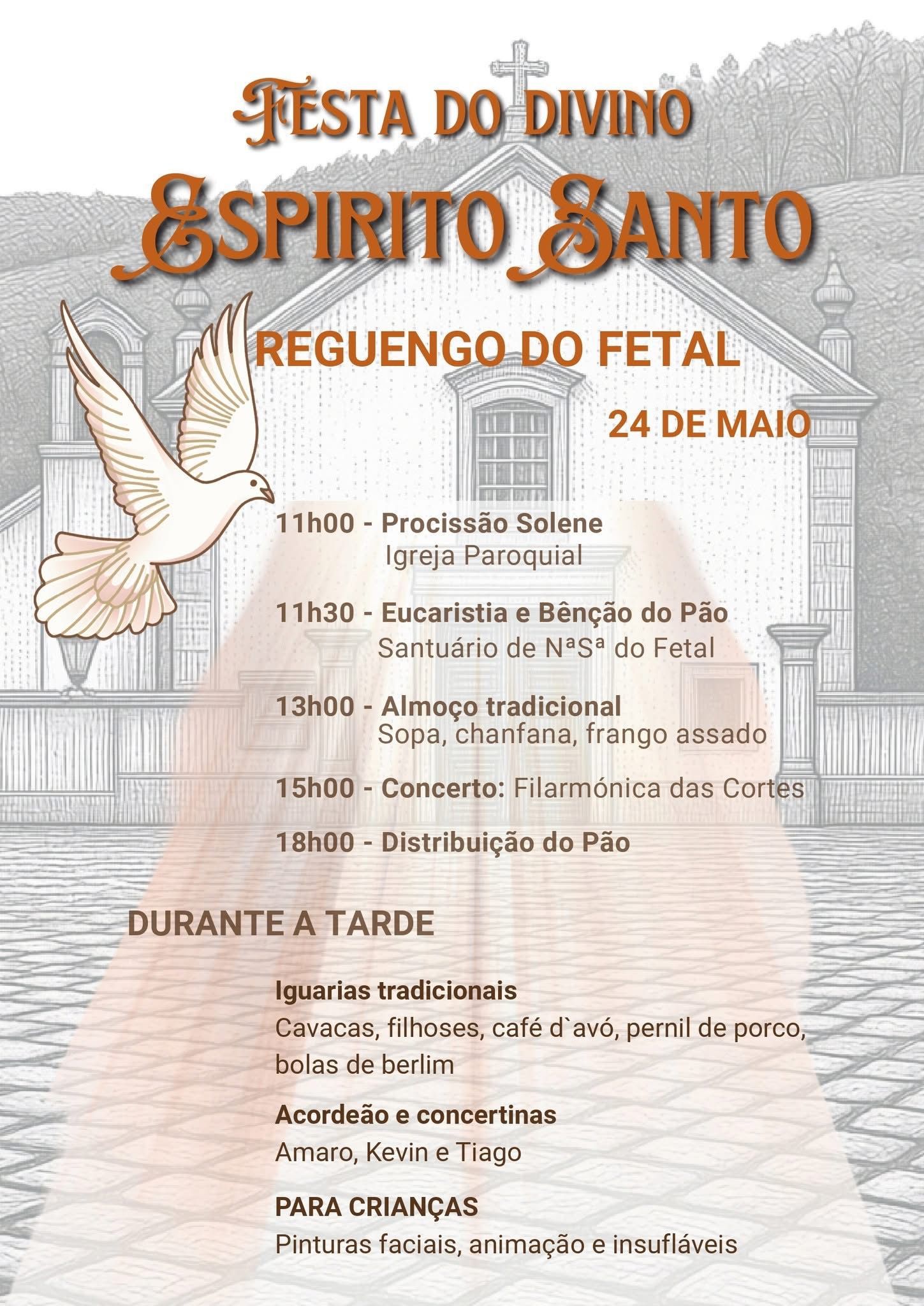 Cartaz da Festa do Divino Espírito Santo em Reguengo do Fetal, marcada para 24 de maio. O programa inclui procissão, eucaristia, almoço tradicional, concertos, distribuição do pão e atividades para crianças.