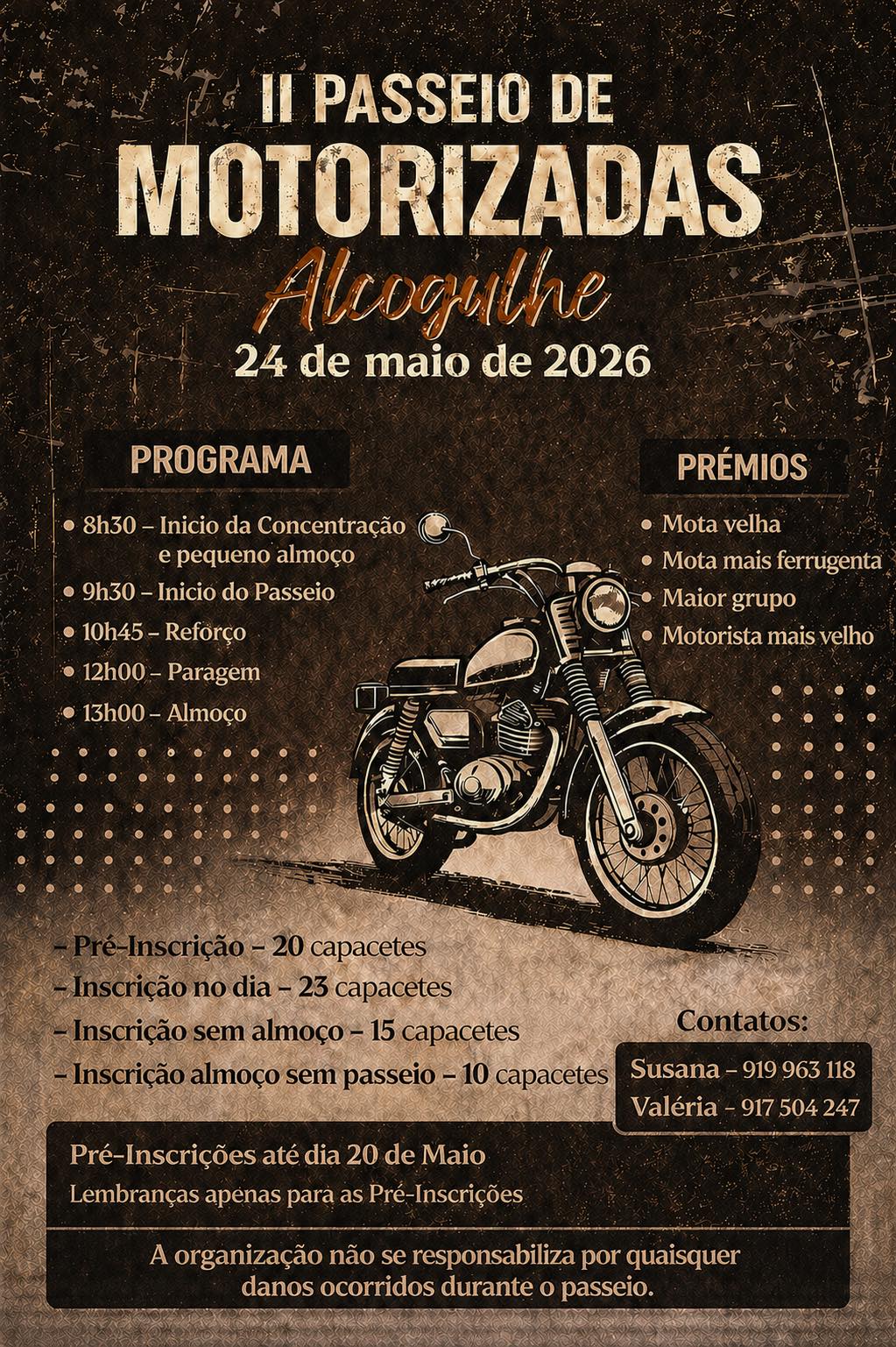 Cartaz do II Passeio de Motorizadas, em Alcogulhe, marcado para 24 de maio de 2026. Apresenta o programa, os preços de inscrição, os prémios e os contactos.