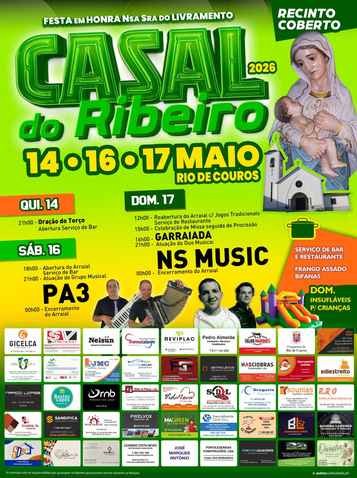 Cartaz da festa em honra de Nossa Senhora do Livramento, em Casal do Ribeiro, Rio de Couros, nos dias 14, 16 e 17 de maio de 2026. Anuncia celebrações religiosas, arraial, música, restauração e atividades para crianças.