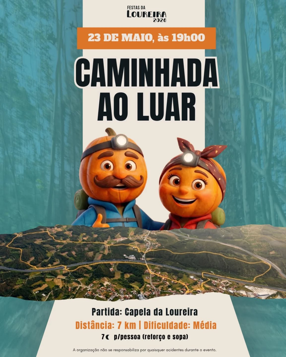 Cartaz das Festas da Loureira 2026 a anunciar uma caminhada ao luar para 23 de maio, às 19h00. A partida é na Capela da Loureira; o percurso tem 7 km e dificuldade média.