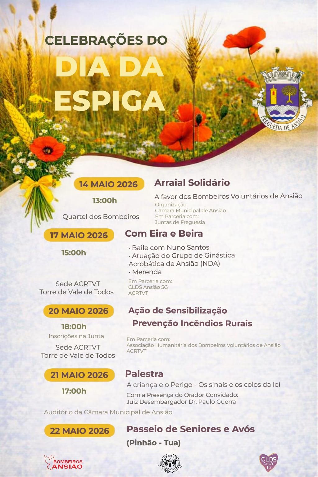 Cartaz das celebrações do Dia da Espiga em Ansião, com atividades anunciadas entre 14 e 22 de maio de 2026. O programa inclui um arraial solidário, sensibilização para a prevenção de incêndios rurais, uma palestra e um passeio de seniores e avós.