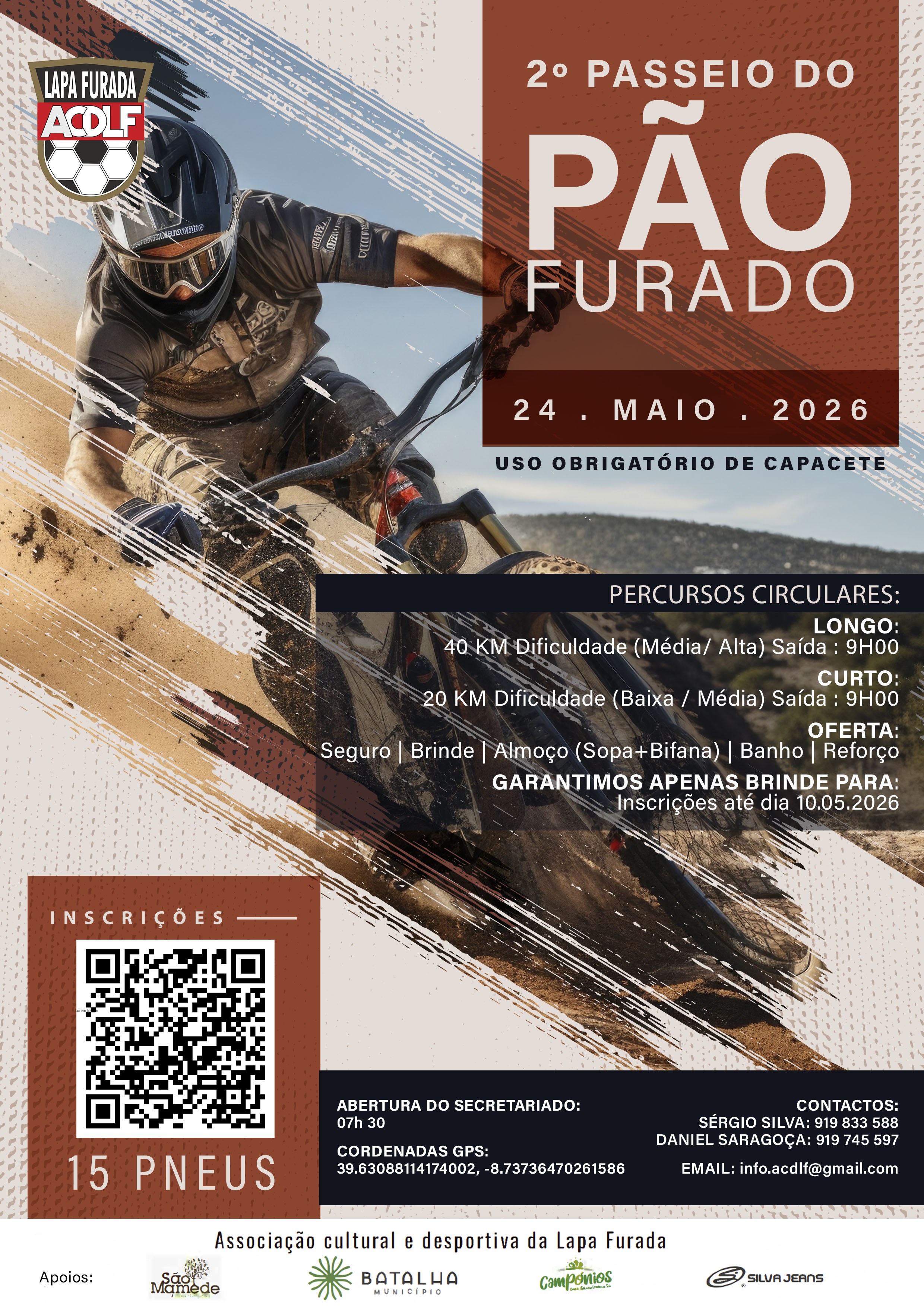 Cartaz do 2.º Passeio do Pão Furado, marcado para 24 de maio de 2026. Mostra um ciclista numa bicicleta de montanha e anuncia dois percursos circulares, de 40 km e 20 km, com uso obrigatório de capacete.