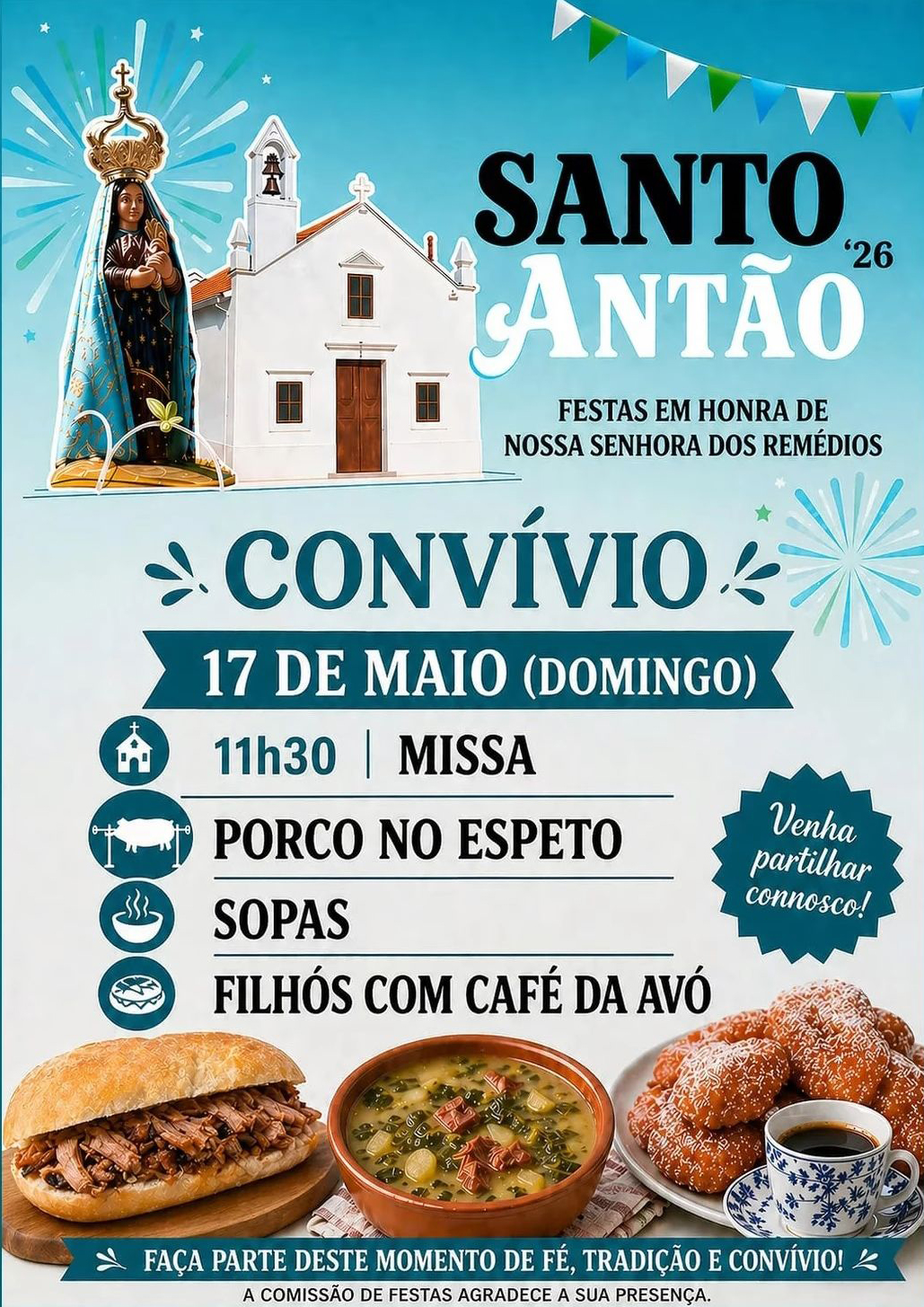 Cartaz das festas de Santo Antão 2026 em honra de Nossa Senhora dos Remédios. Anuncia um convívio a 17 de maio, com missa às 11h30, porco no espeto, sopas e filhoses com café da avó.