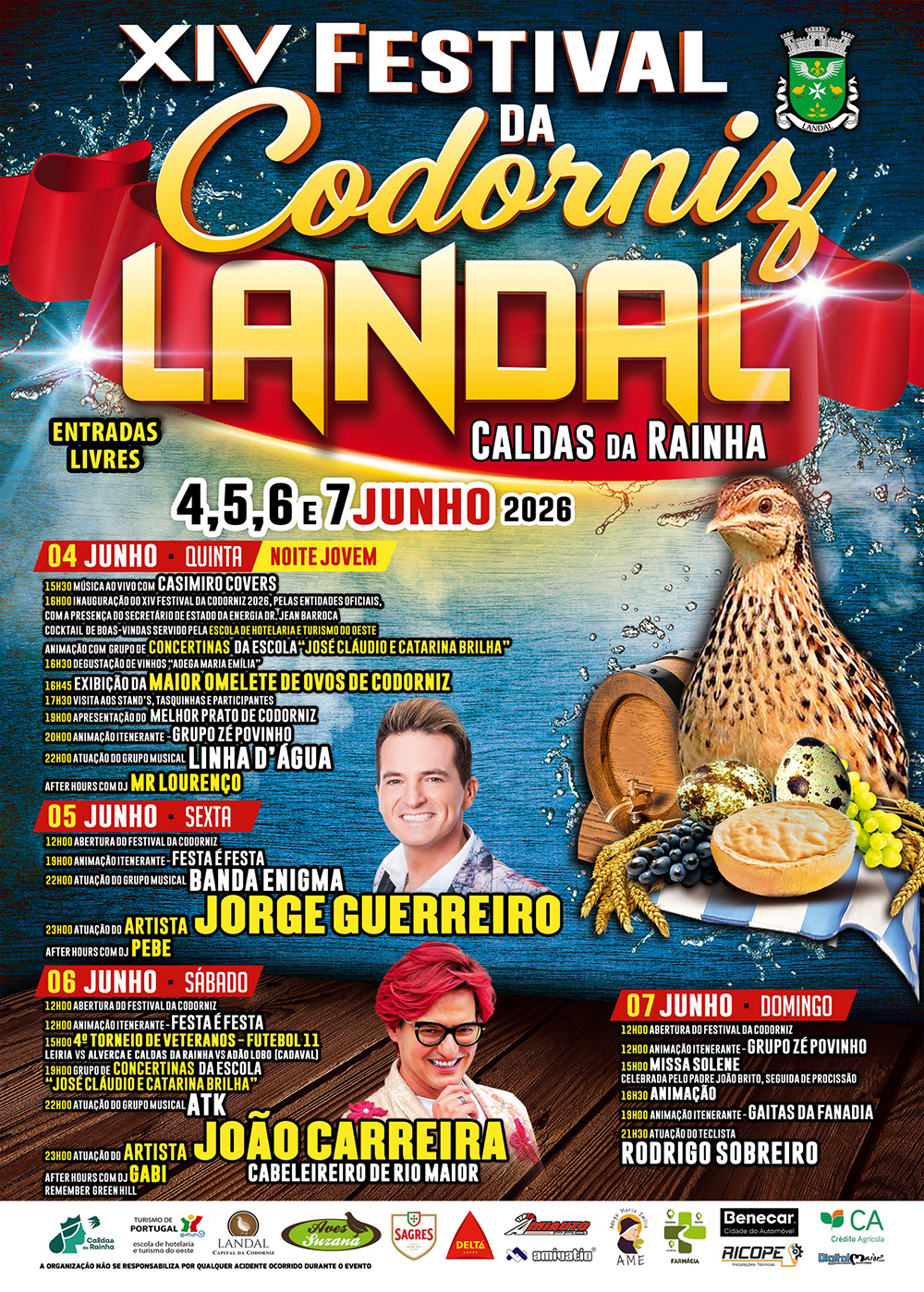 Cartaz do XIV Festival da Codorniz de Landal, em Caldas da Rainha, de 4 a 7 de junho de 2026. Anuncia entradas livres e um programa com gastronomia, música e outras atividades.