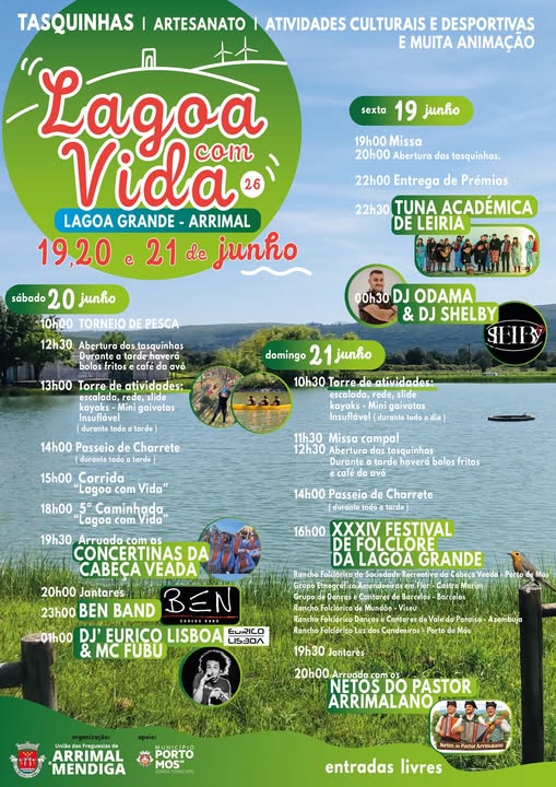 Cartaz da festa «Lagoa com Vida», na Lagoa Grande, Arrimal, de 19 a 21 de junho. Anuncia música, atividades culturais e desportivas, artesanato e entradas livres.