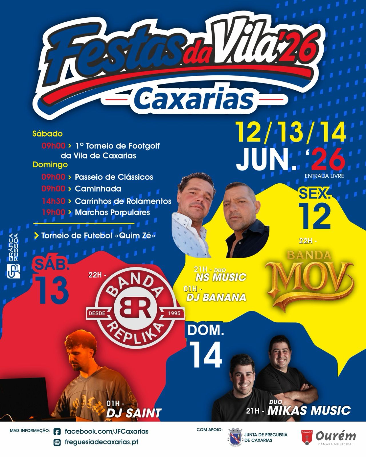 Cartaz das Festas da Vila de Caxarias ’26, anunciadas para 12, 13 e 14 de junho, com entrada livre. O programa inclui torneio de footgolf, passeio de clássicos, caminhada, marchas populares e atuações musicais.