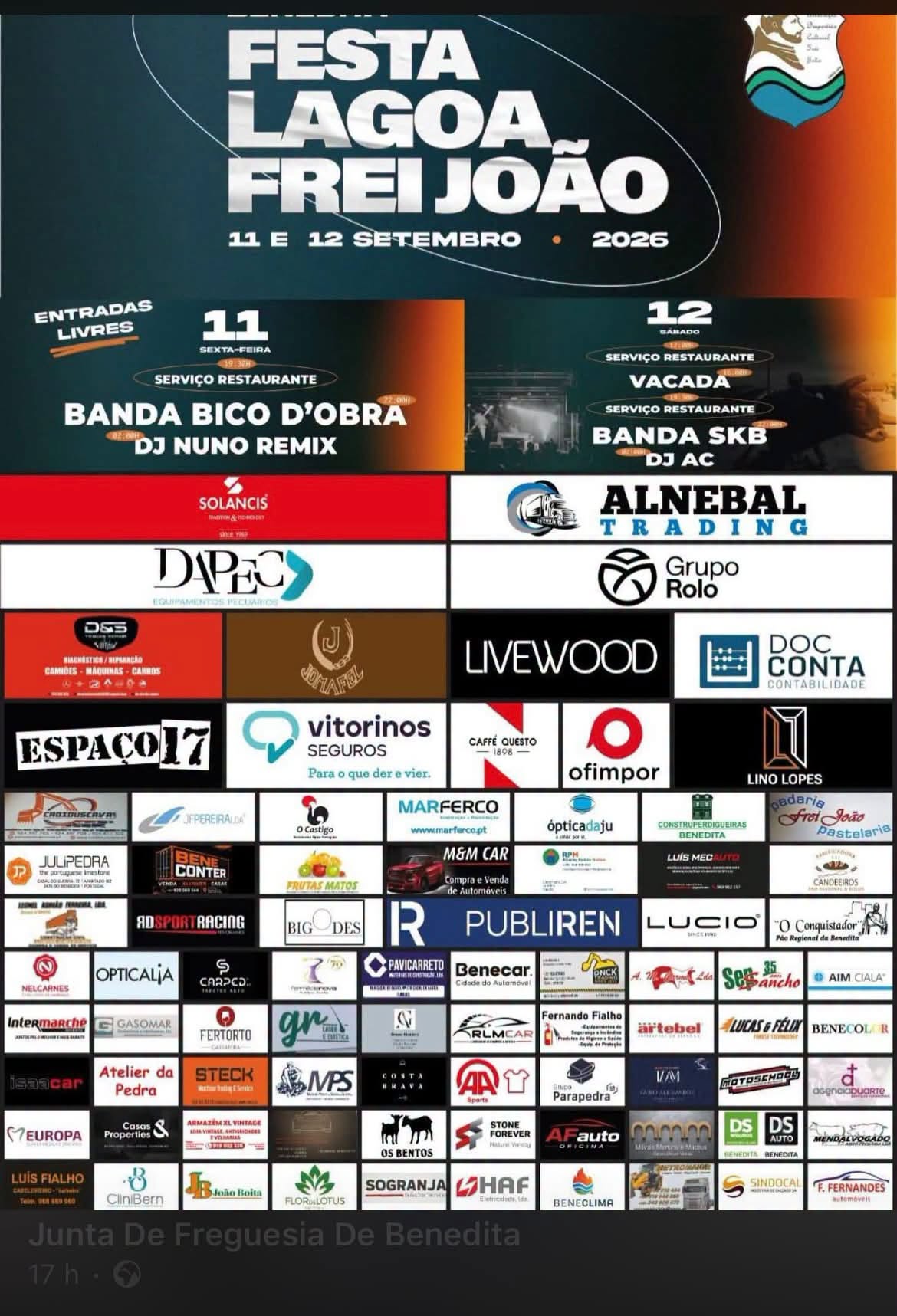 Cartaz da Festa Lagoa Freijão, anunciada para 11 e 12 de setembro de 2026, com entrada livre. Apresenta o programa musical e uma grelha de patrocinadores.