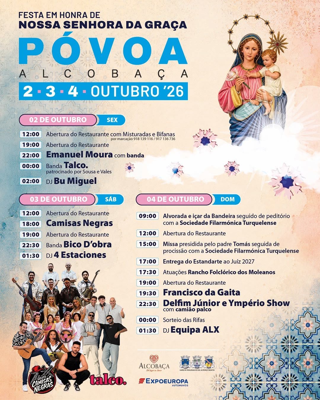 Cartaz da festa em honra de Nossa Senhora da Graça, na Póvoa, Alcobaça, de 2 a 4 de outubro de 2026. Apresenta o programa religioso, musical e de restauração.