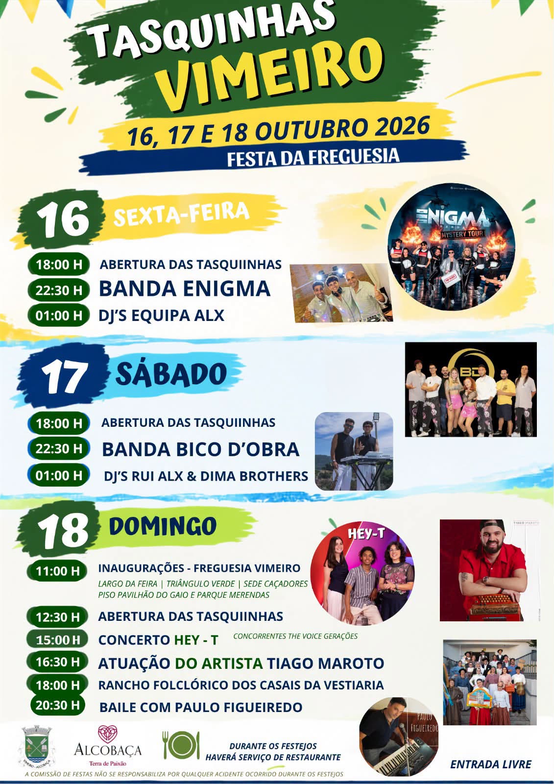 Cartaz das Tasquinhas de Vimeiro, festa da freguesia marcada para 16, 17 e 18 de outubro de 2026. Apresenta o programa de música, dança e restauração, com entrada livre.