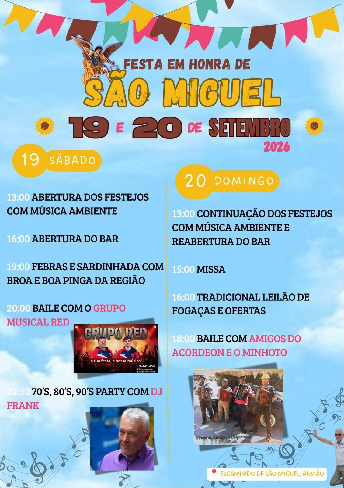 Cartaz da Festa em Honra de São Miguel, marcada para 19 e 20 de setembro de 2026, no Escampado de São Miguel, Ansião. O programa anuncia missa, leilão de fogaças, gastronomia e bailes.