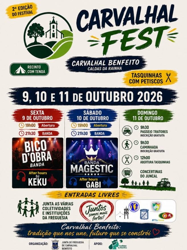 Cartaz da 2.ª edição do Carvalhal Fest, anunciada para 9, 10 e 11 de outubro de 2026, no Carvalhal Benfeito, Caldas da Rainha. O programa inclui bandas, tasquinhas, passeio de tratores e caminhada, com entradas livres.