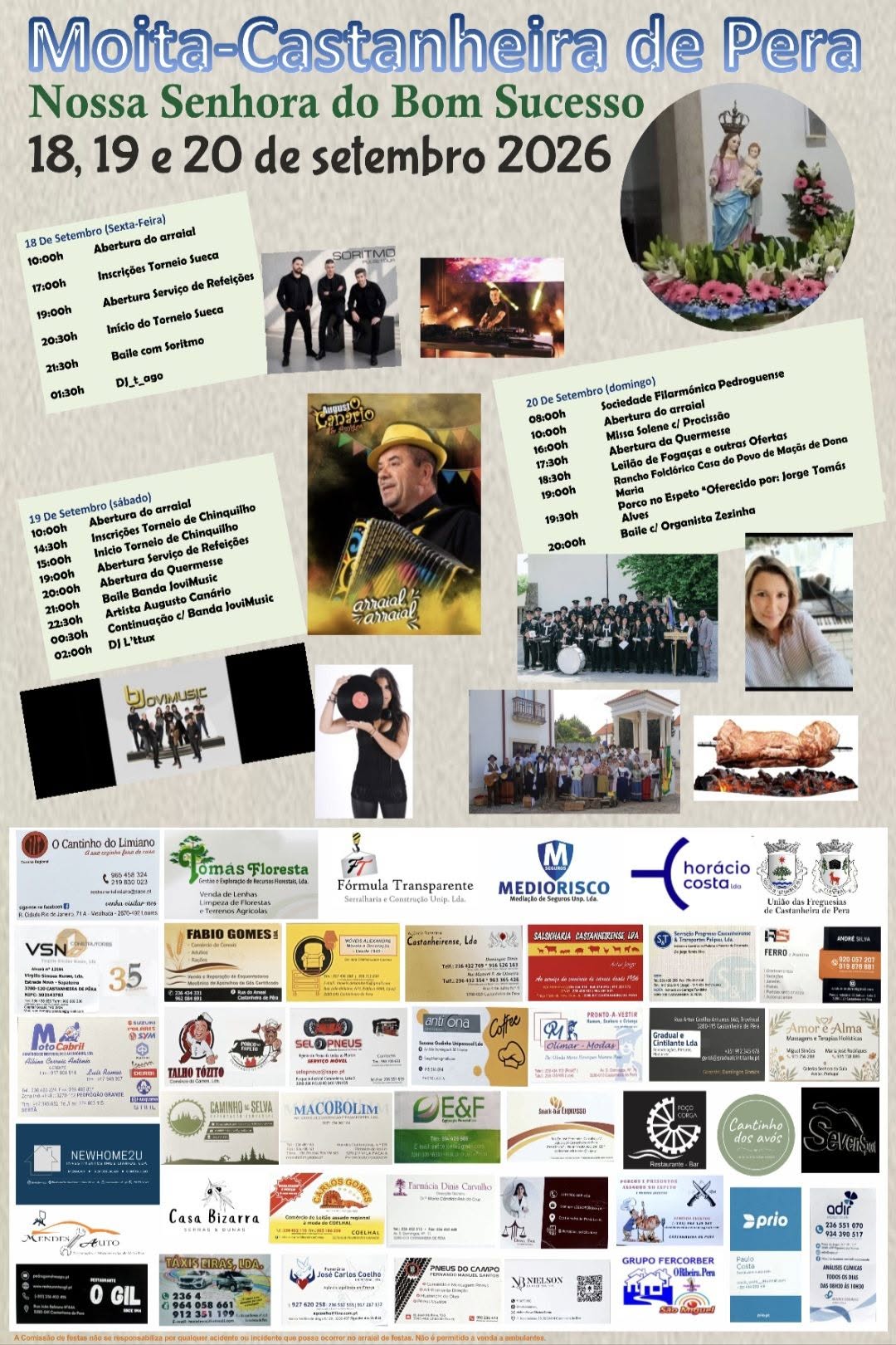 Cartaz das festas de Nossa Senhora do Bom Sucesso, em Moita-Castanheira de Pera, nos dias 18, 19 e 20 de setembro de 2026. Apresenta o programa religioso e musical, fotografias dos participantes e publicidade de patrocinadores.