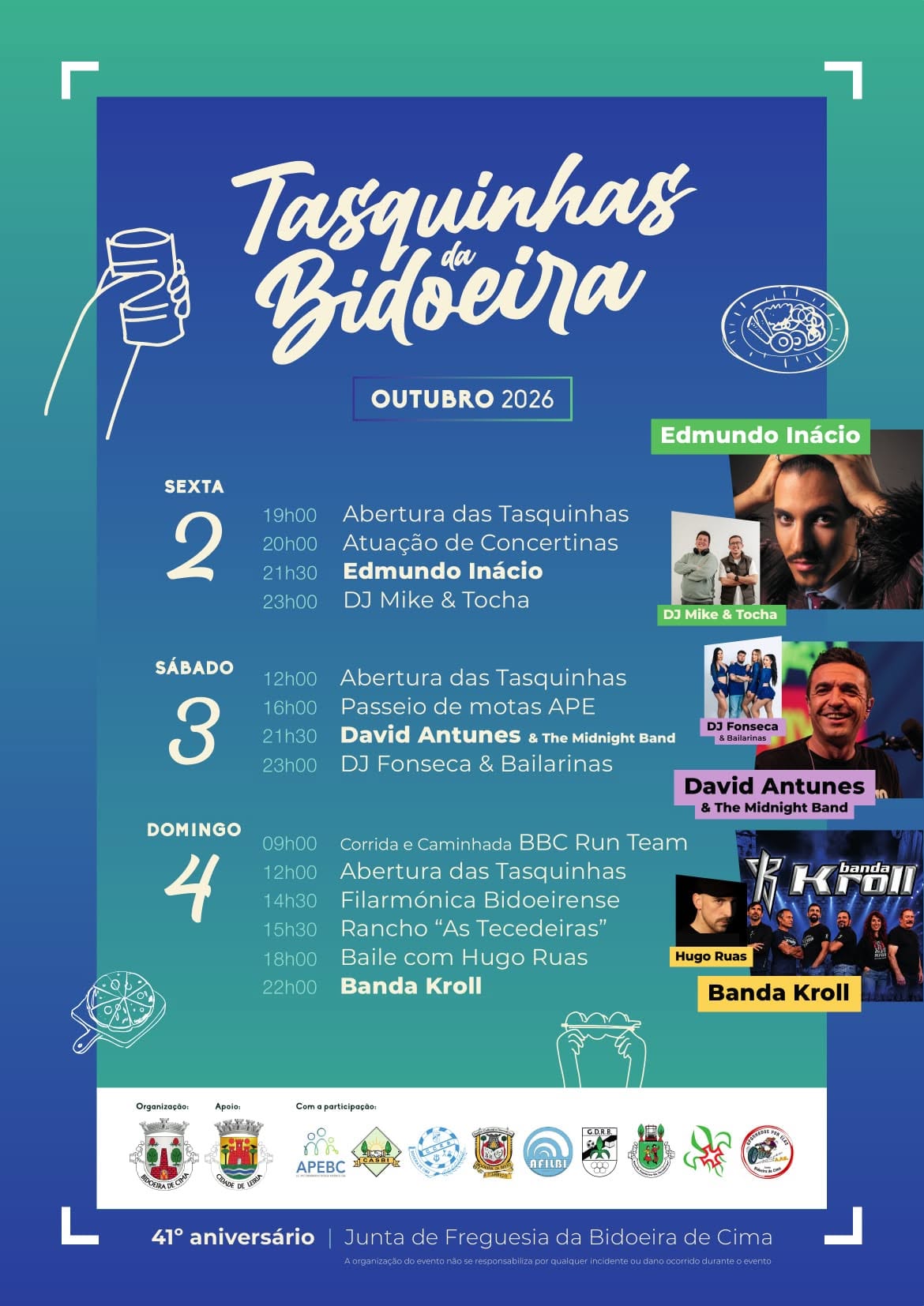 Cartaz das Tasquinhas da Bidoeira, de 2 a 4 de outubro de 2026, com programação de música, gastronomia, corrida e caminhada. O evento assinala o 41.º aniversário da Junta de Freguesia da Bidoeira de Cima.