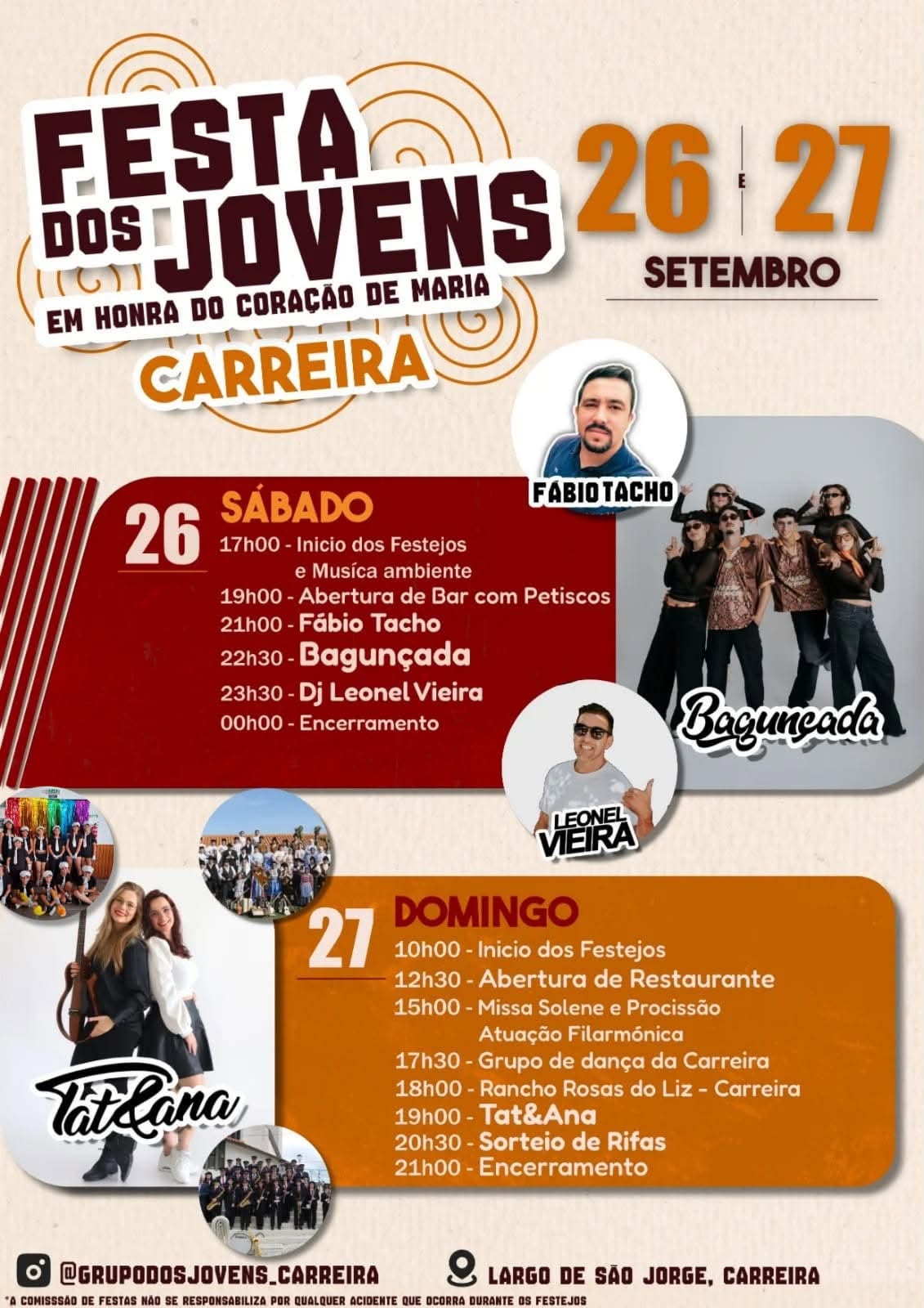 Cartaz da Festa dos Jovens em honra do Coração de Maria, na Carreira, nos dias 26 e 27 de setembro. O programa inclui música, dança, missa solene e procissão.