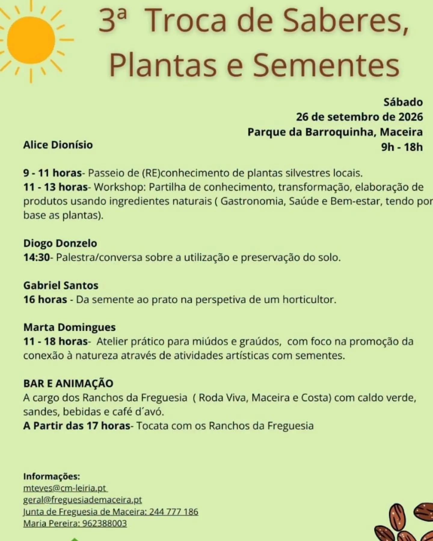 Cartaz da 3.ª Troca de Saberes, Plantas e Sementes, marcada para 26 de setembro de 2026 no Parque da Barroquinha, na Maceira. O programa inclui atividades sobre plantas, sementes e preservação do solo, além de animação.