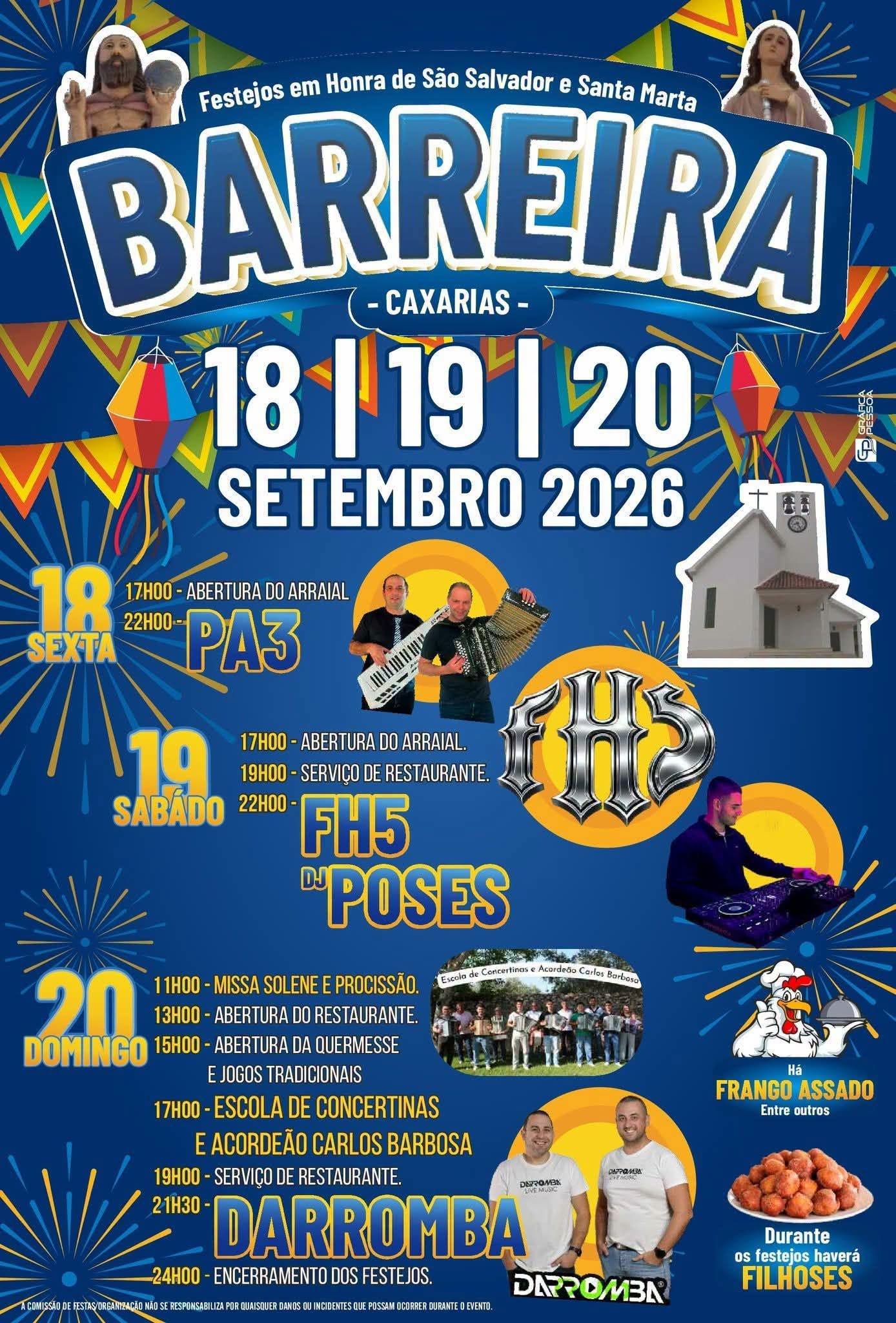 Cartaz dos festejos em honra de São Salvador e Santa Marta, na Barreira, Caxarias, de 18 a 20 de setembro de 2026. Anuncia missa, procissão, quermesse, jogos tradicionais, restauração e atuações musicais.