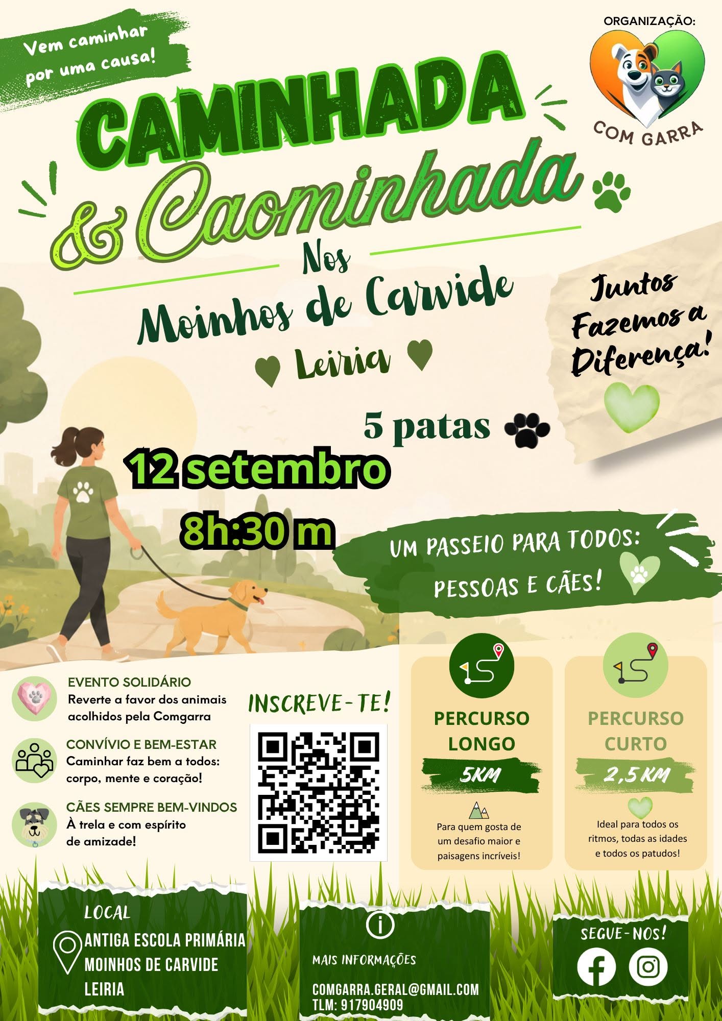 Cartaz de uma caminhada solidária organizada pela ComGarra nos Moinhos de Carvide, Leiria, a 12 de setembro, às 8h30. O evento acolhe pessoas e cães e apresenta percursos de 5 km e 2,5 km.