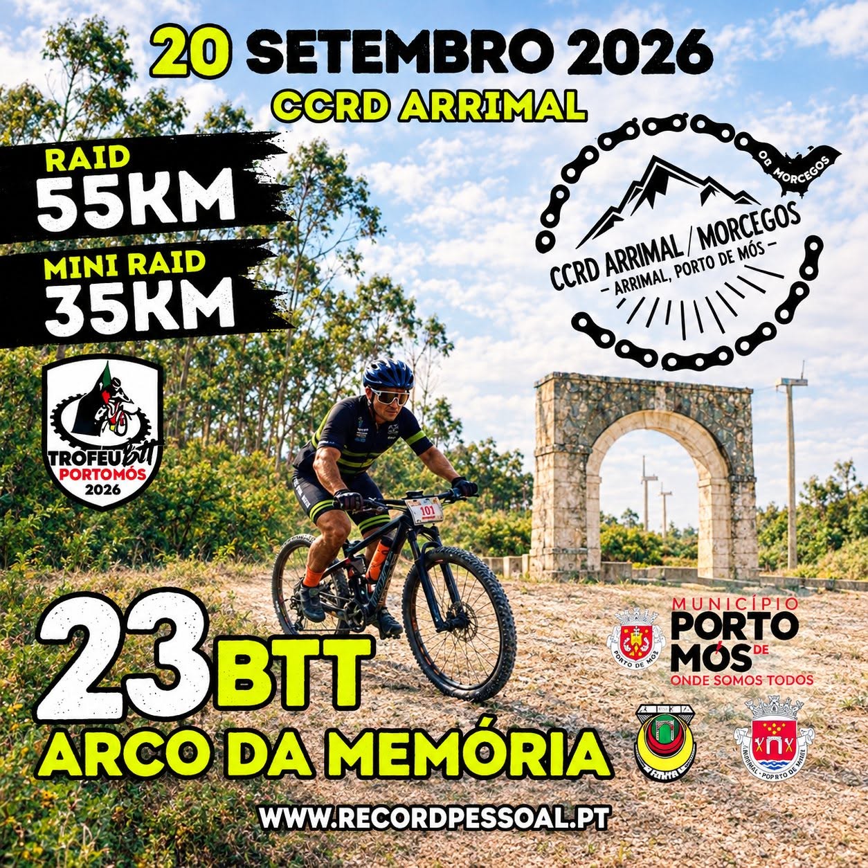 Cartaz de uma prova de BTT anunciada para 20 de setembro de 2026, no Arco da Memória, em Porto de Mós. Apresenta um ciclista e anuncia percursos de 55 km e 35 km.