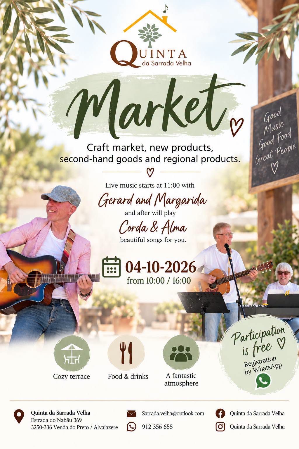 Cartaz de um mercado na Quinta da Sarrada Velha, em Venda do Preto, Alvaiázere, marcado para 4 de outubro de 2026. Anuncia artesanato, artigos em segunda mão, produtos regionais e música ao vivo.