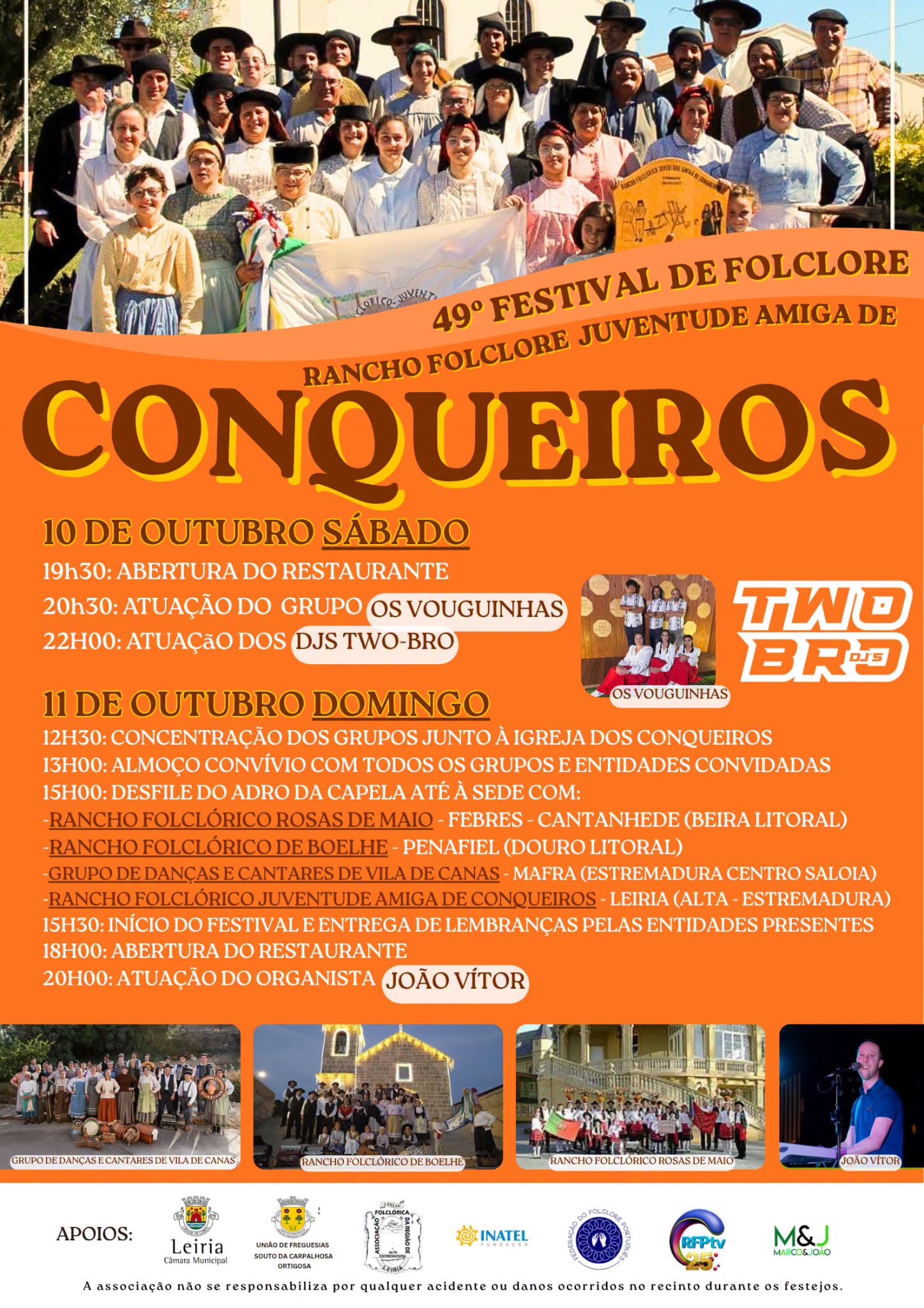 Cartaz do 49.º Festival de Folclore do Rancho Folclórico Juventude Amiga de Conqueiros, com programação para 10 e 11 de outubro. Apresenta fotografias de grupos folclóricos e anuncia atuações musicais.
